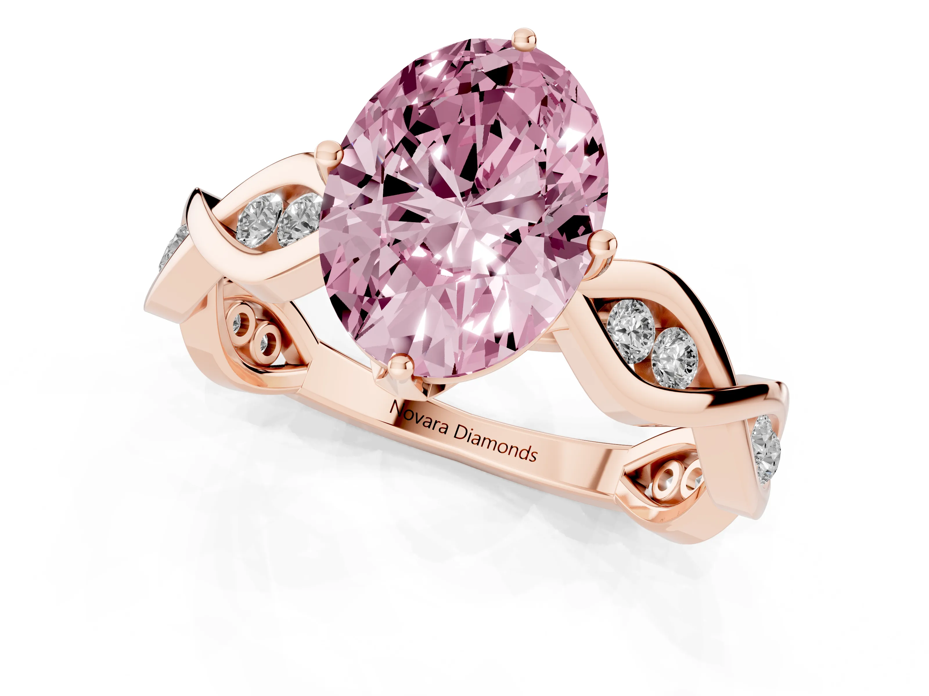 Fancy Pink Oval Cut Diamond Twist Band Solitaire Ring Set in Rose gold with Leaf Prong Setting and Accent Stones