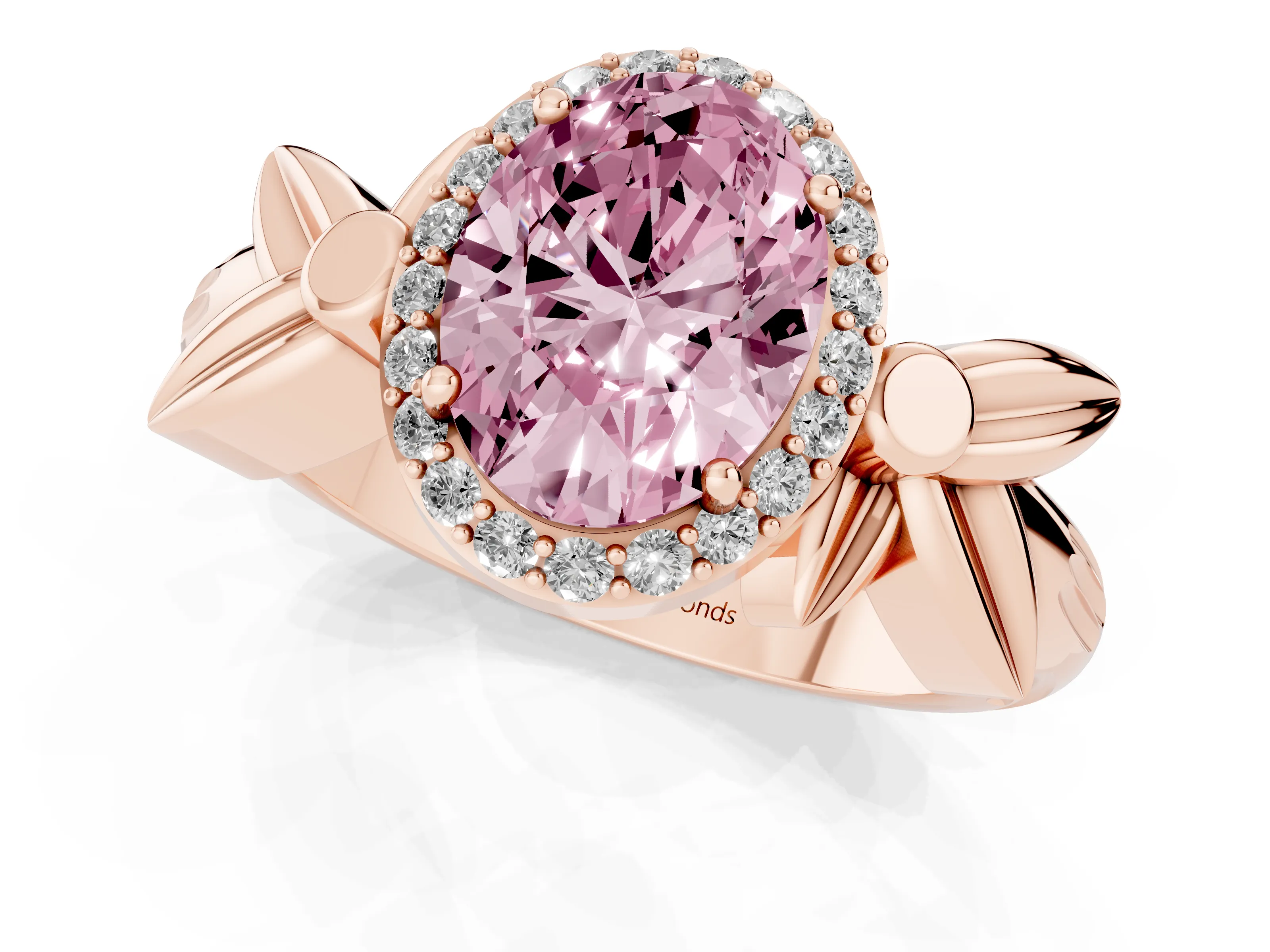 Fancy Pink Oval Cut Diamond Halo Floral Band Ring Set in Rose gold with Prong Setting