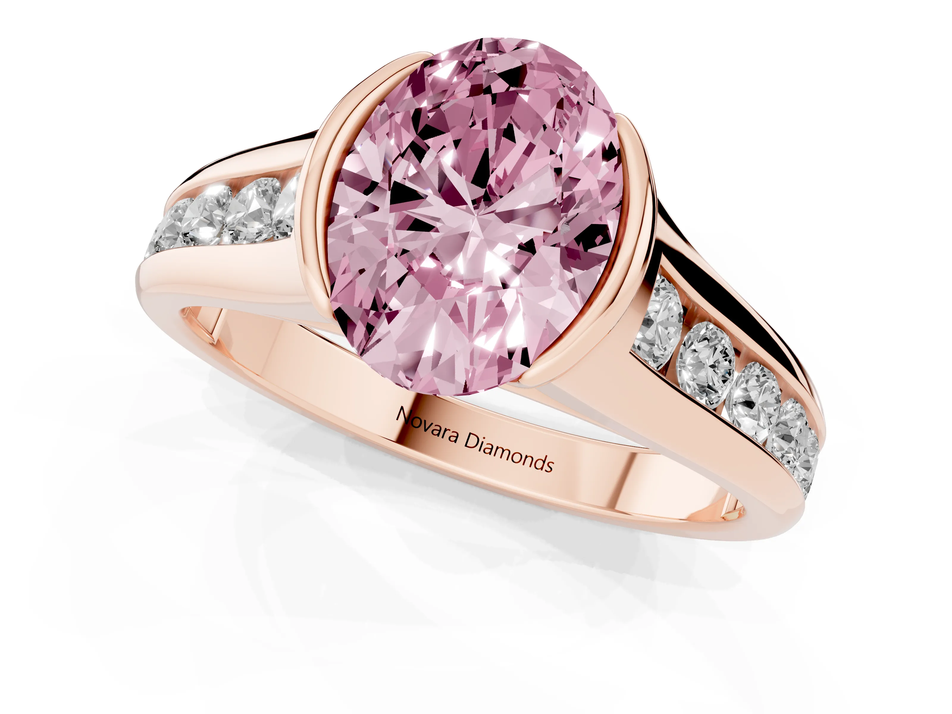 Fancy Pink Oval Cut Diamond Bezel-Set Solitaire Ring Set in Rose gold with Channel-Set Band