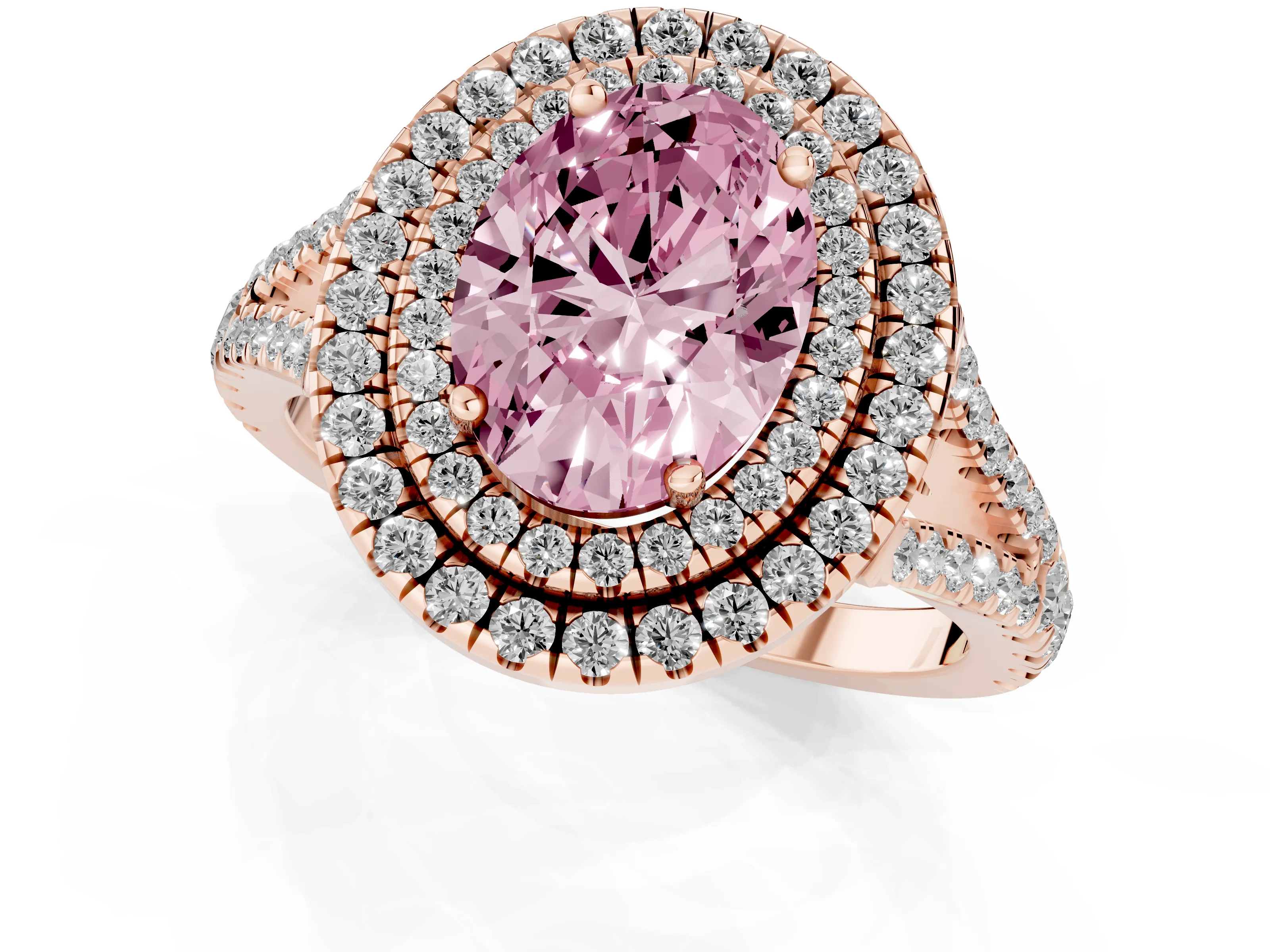 Fancy Pink Oval Cut Diamond Double Halo Ring Set in Rose gold with Pavé Band