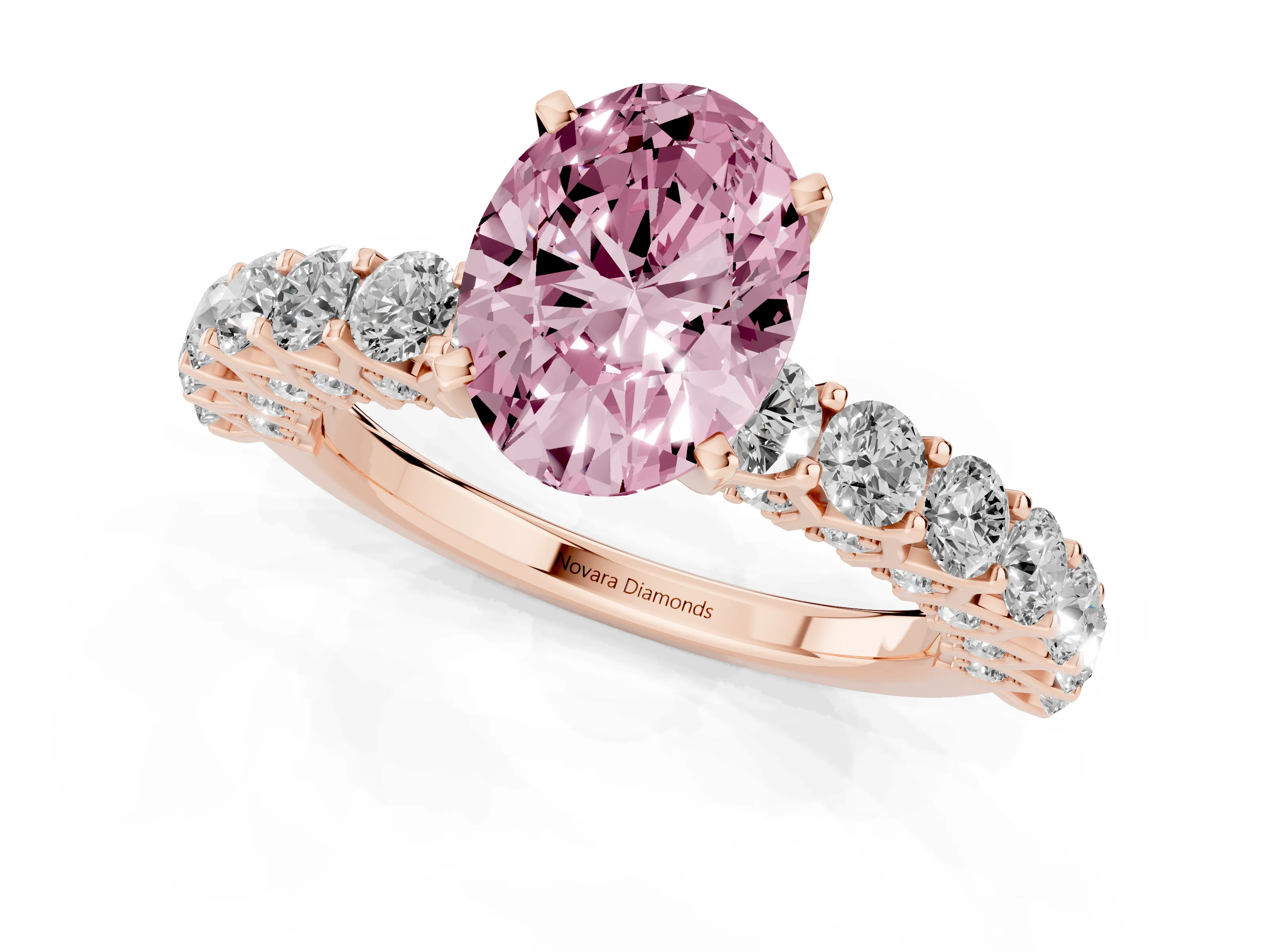 Fancy Pink Oval Cut Diamond Solitaire Ring Set in Rose gold with Shared Prong Pavé Band