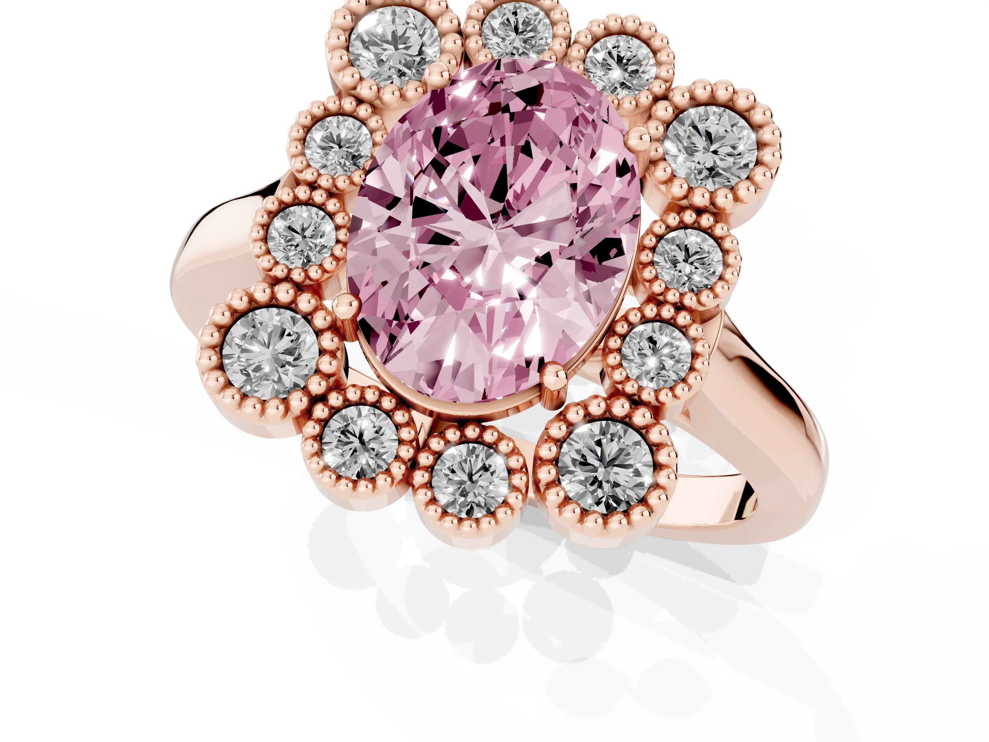 Fancy Pink Oval Cut Diamond Cluster Halo Ring Set in Rose gold with Milgrain Bezel Accents and Plain Band