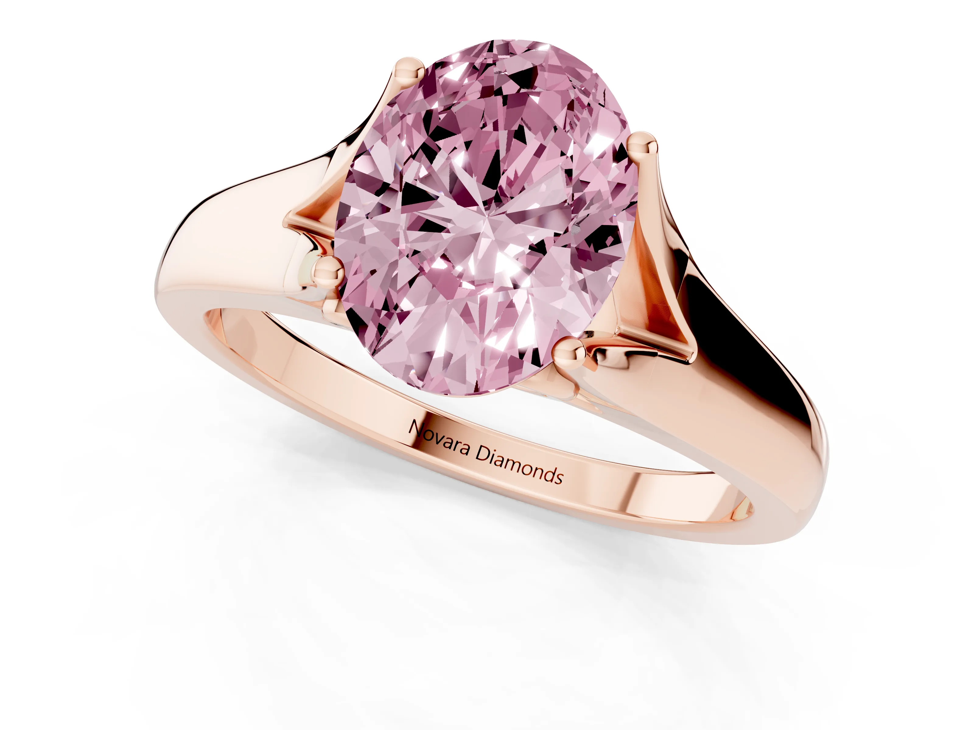 Fancy Pink Oval Cut Diamond Solitaire Ring Set in Rose gold with Arched Cathedral Band and Prong Setting