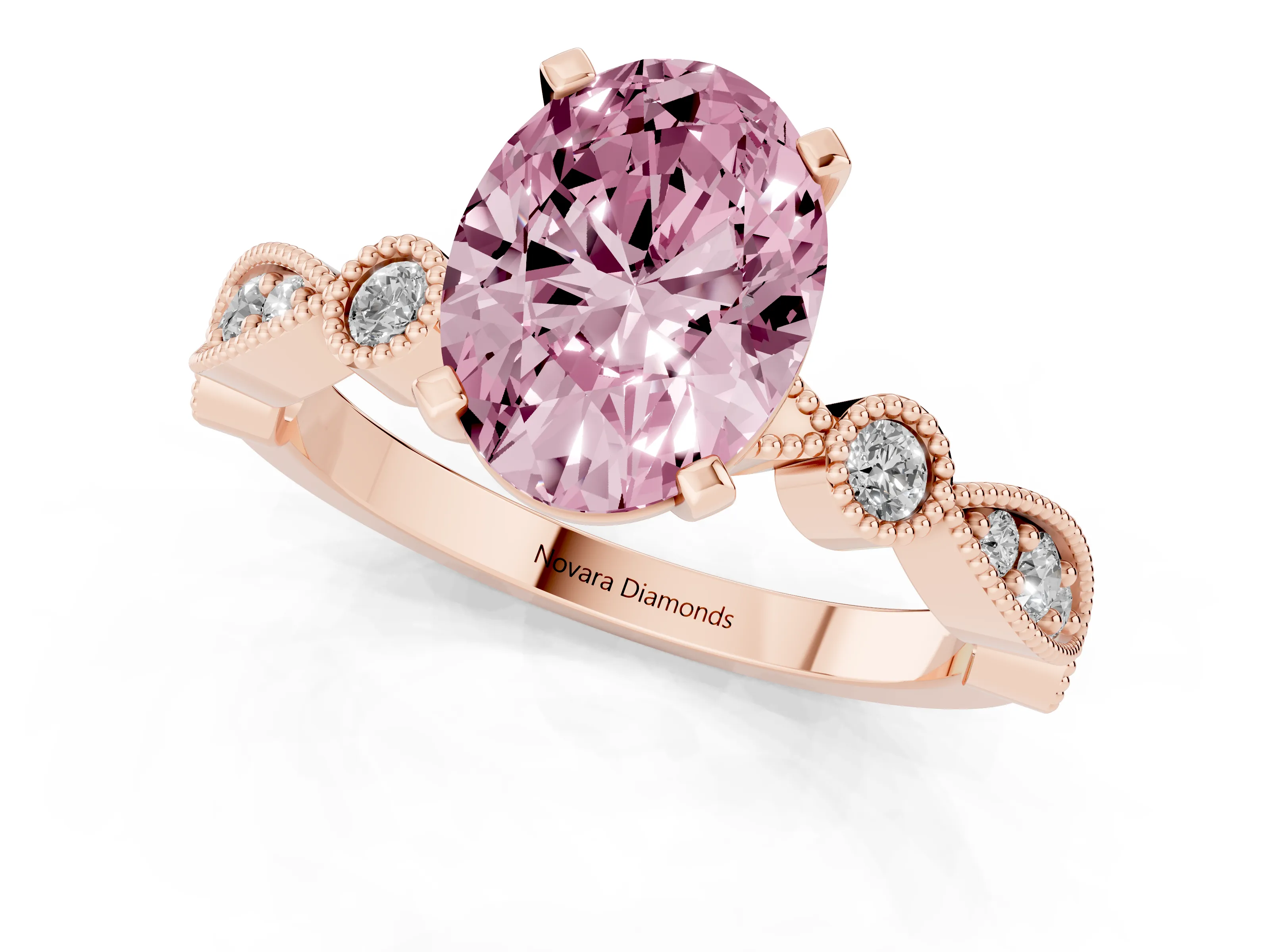 Fancy Pink Oval Cut Diamond Solitaire Engagement Ring Set in Rose gold with Milgrain Bezel Accent Band