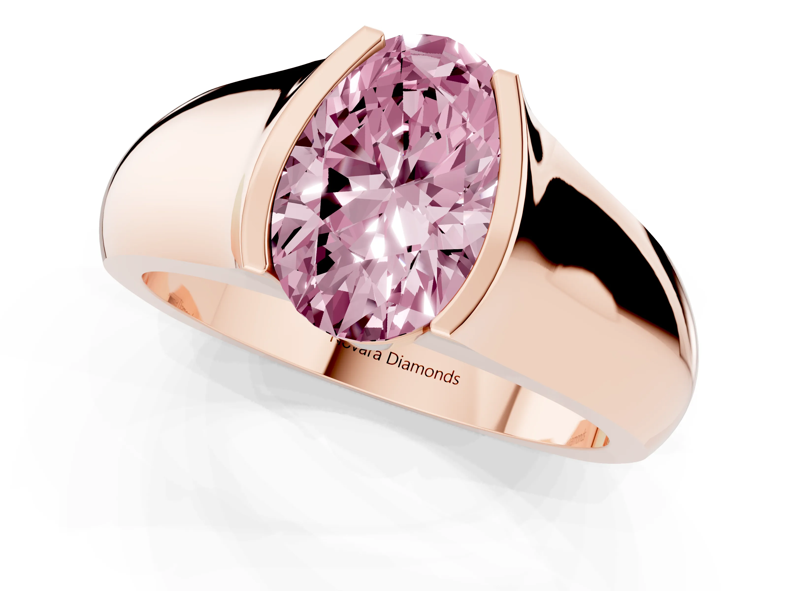 Fancy Pink Oval Cut Diamond Bezel Solitaire Ring Set in Rose gold with Wide Band