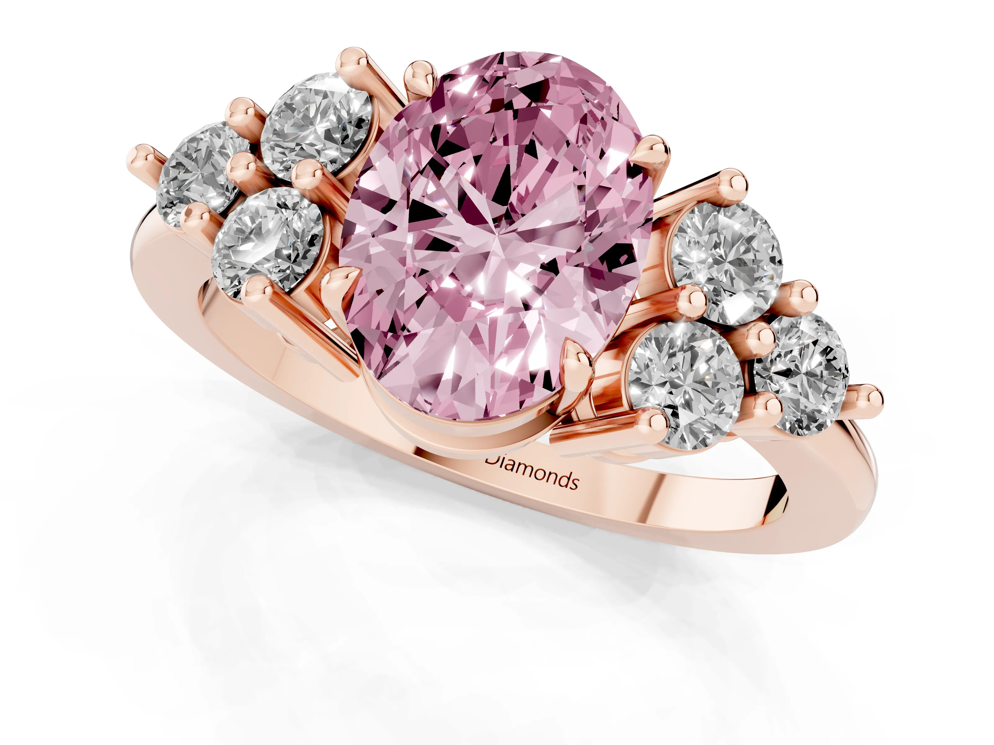 Fancy Pink Oval Cut Diamond Solitaire Ring Set in Rose gold with Cluster Accents on Each Side