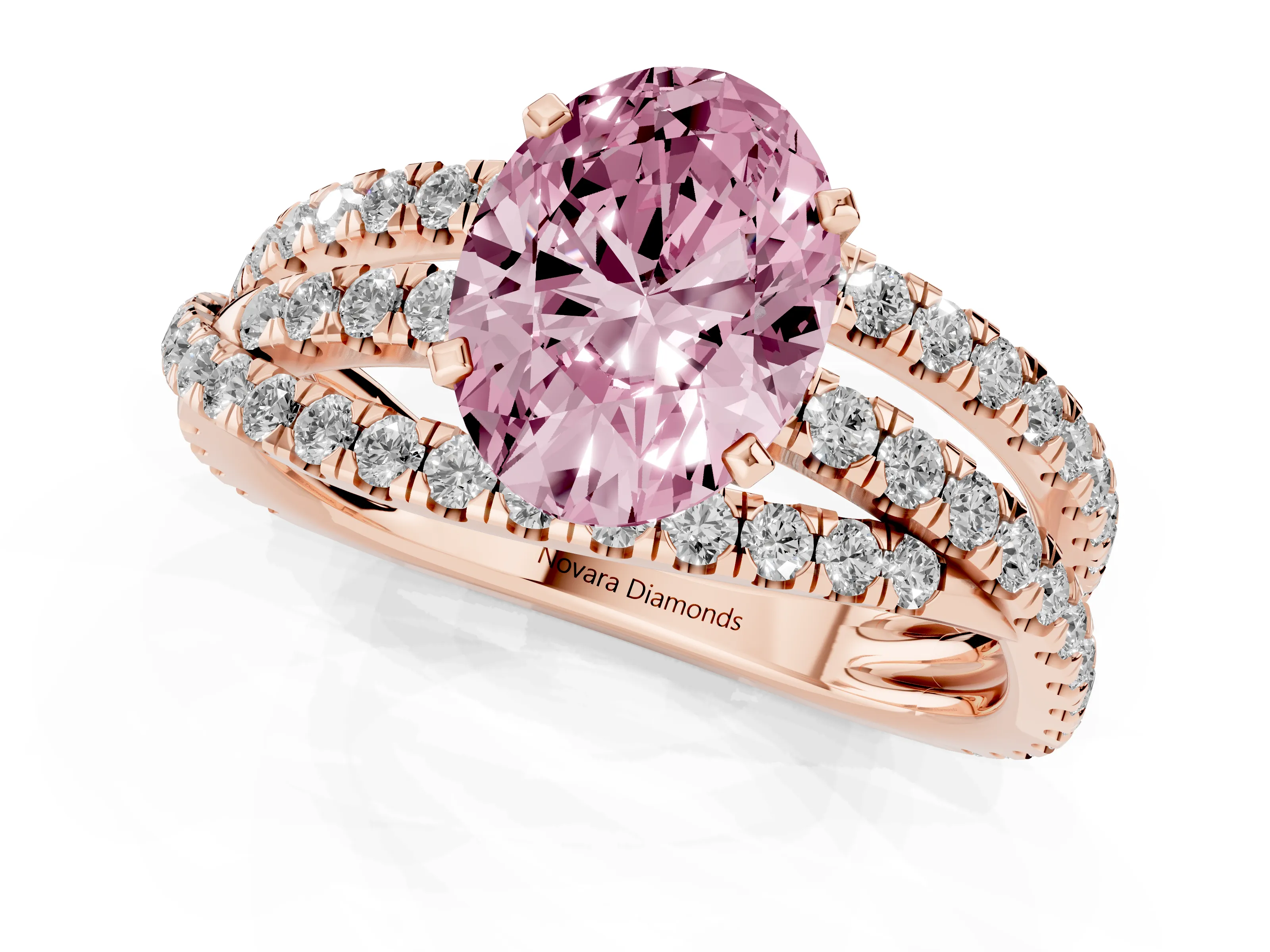 Fancy Pink Oval Cut Diamond Solitaire Twist Band Ring Set in Rose gold with Pavé Setting and Prong Head