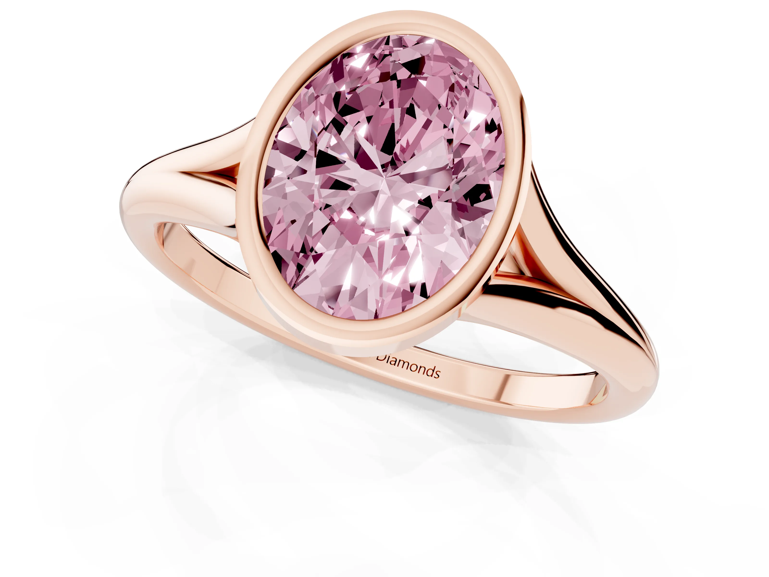 Fancy Pink Bezel Set Oval Cut Diamond Solitaire Ring Set in Rose gold with Tapered Band