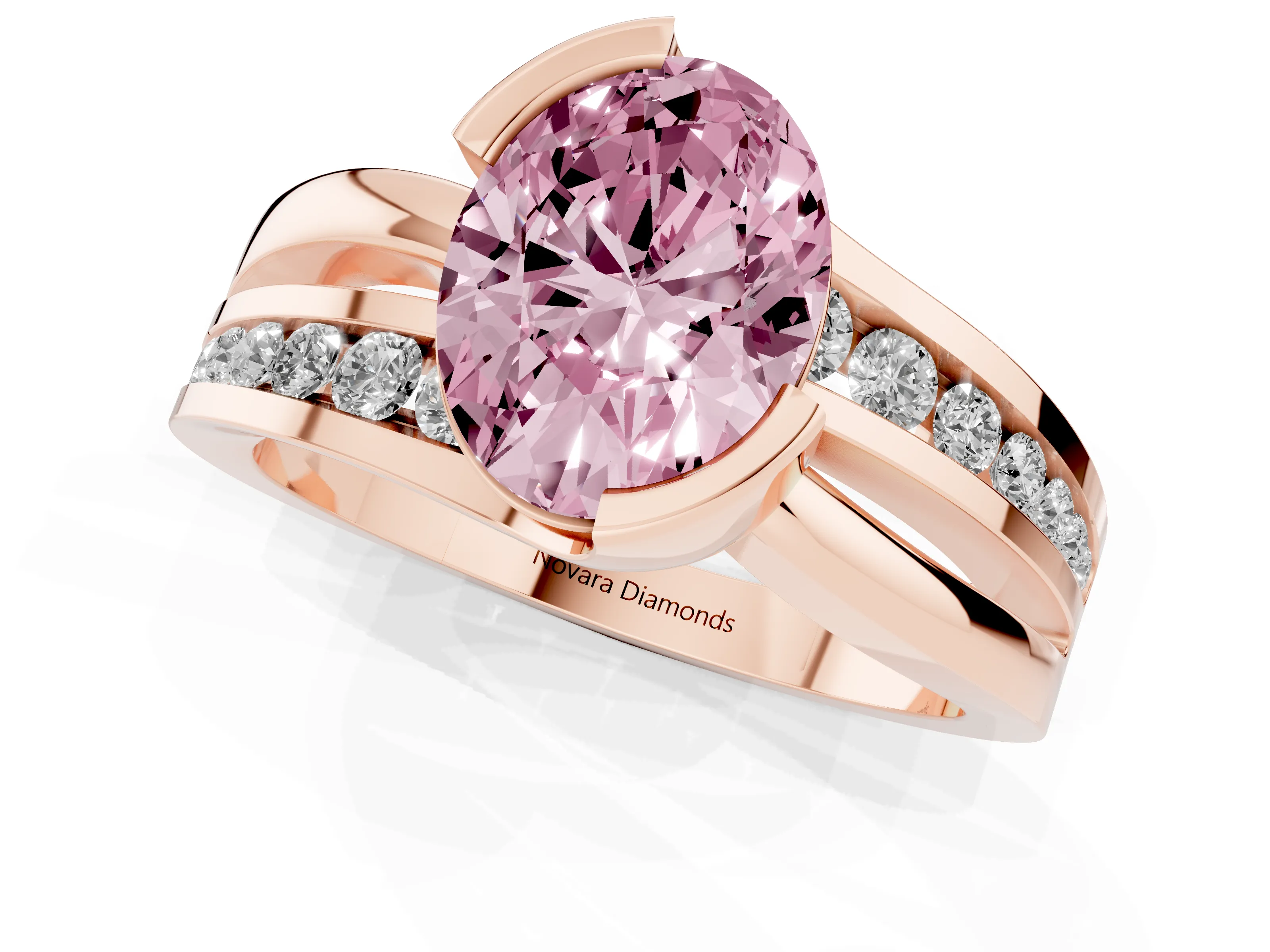 Fancy Pink Oval Cut Diamond Solitaire Ring Set in Rose gold with Channel Set Split Shank and Tension Prongs