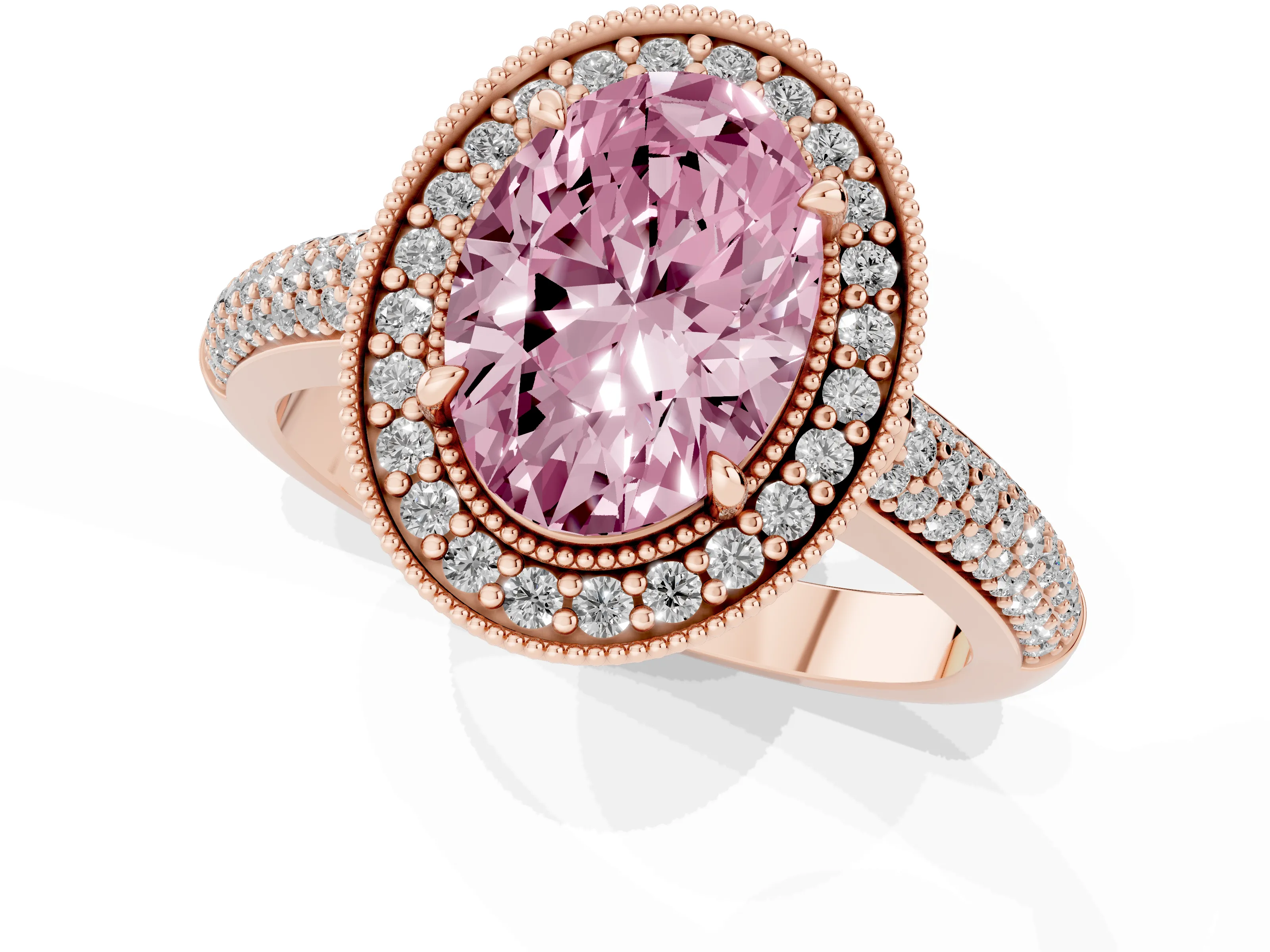 Fancy Pink Oval Cut Diamond Halo Pavé Band Set in Rose gold with Prong Setting