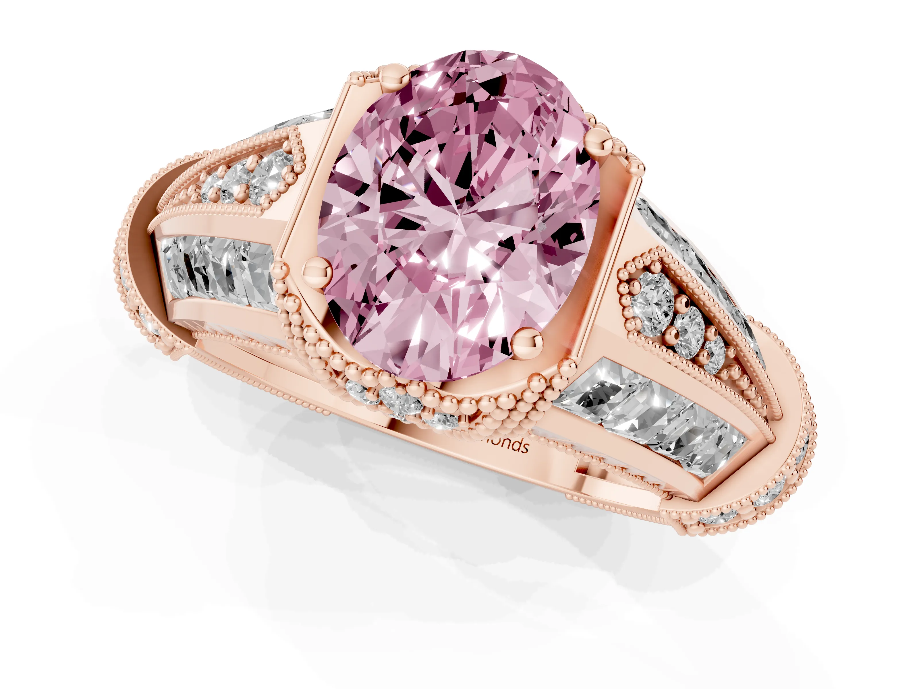Fancy Pink Oval Cut Diamond Vintage-Inspired Milgrain Ring Set in Rose gold with Accent Split Shank