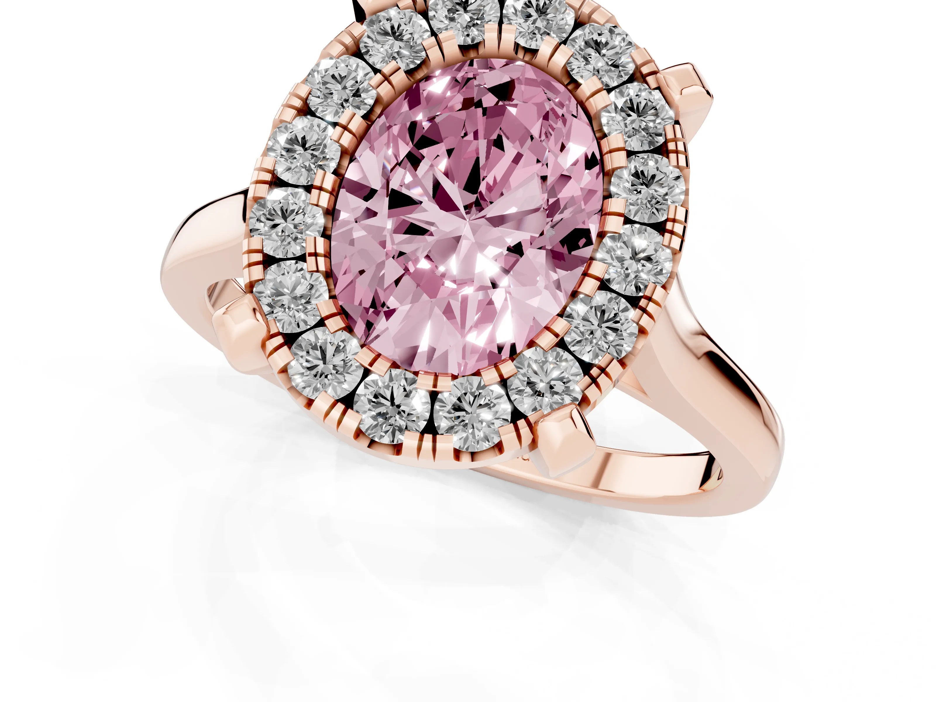 Fancy Pink Oval Cut Diamond Cluster Halo Solitaire Ring Set in Rose gold with Prong Setting