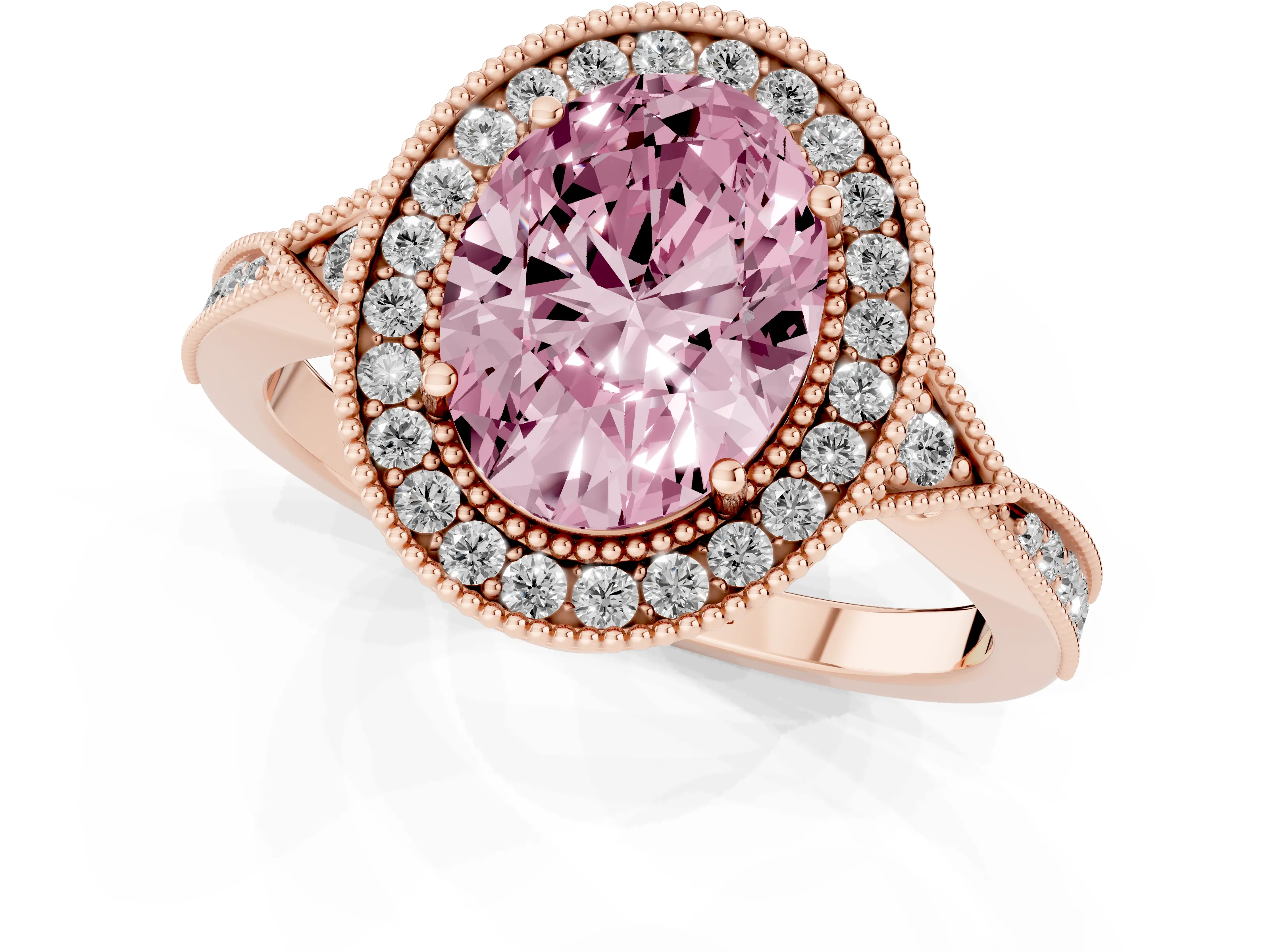 Fancy Pink Oval Cut Diamond Halo Engagement Ring Set in Rose gold with Milgrain Pavé Band