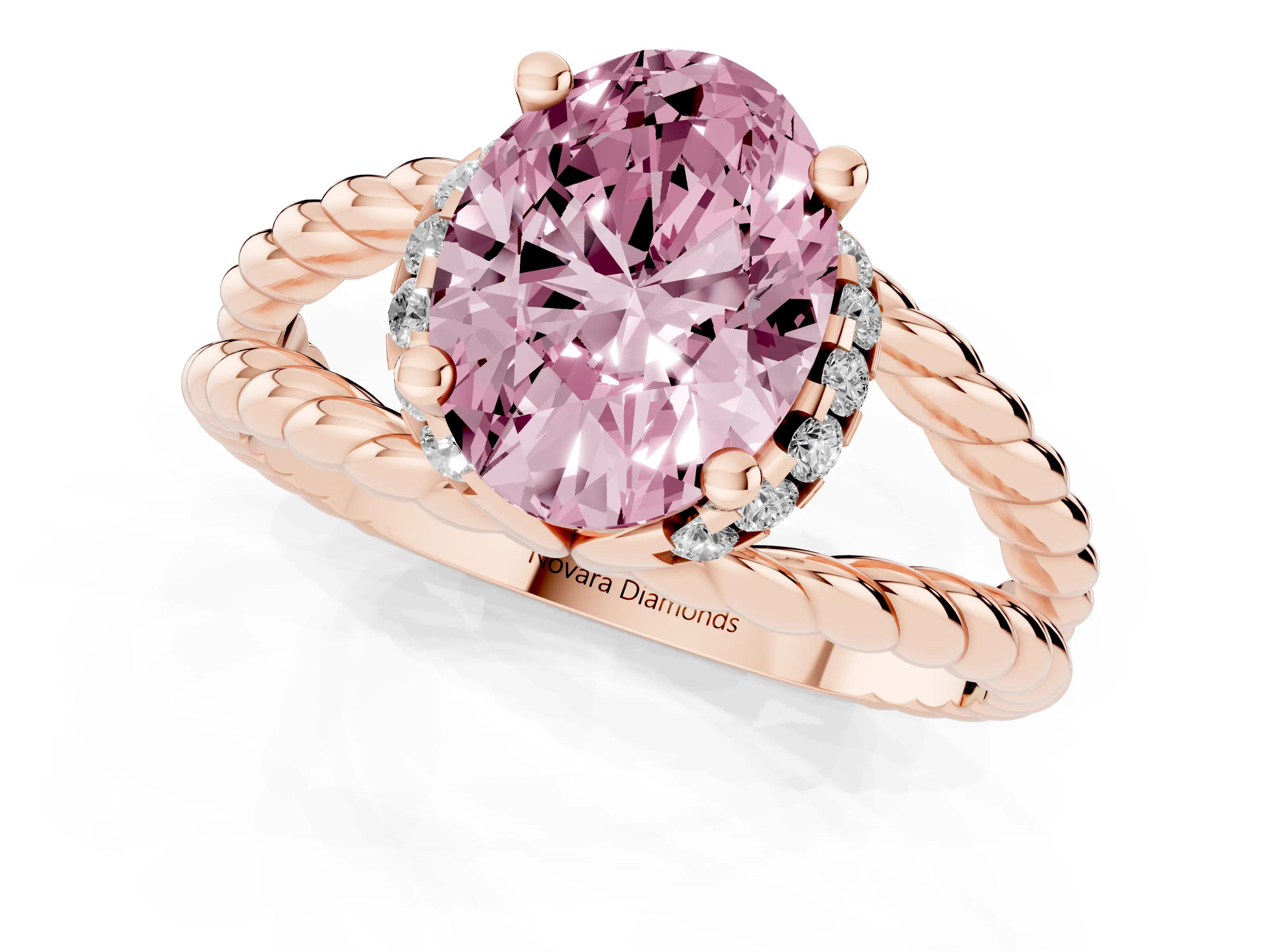 Fancy Pink Oval Cut Diamond Halo Ring Set in Rose gold with Twisted Band and Prong Setting