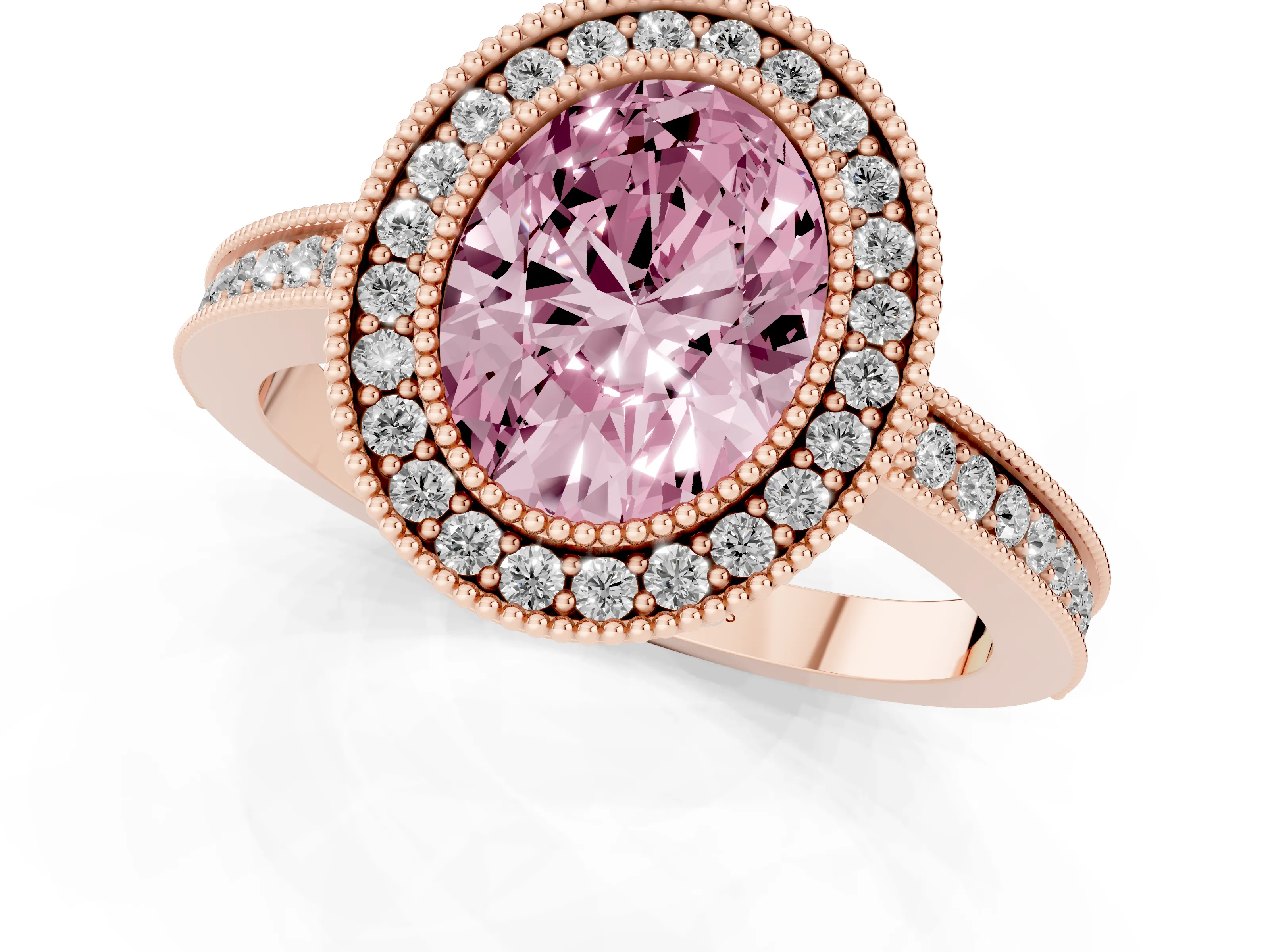 Fancy Pink Oval Cut Diamond Halo Ring Set in Rose gold with Pavé Band and Milgrain-Edged Prongs