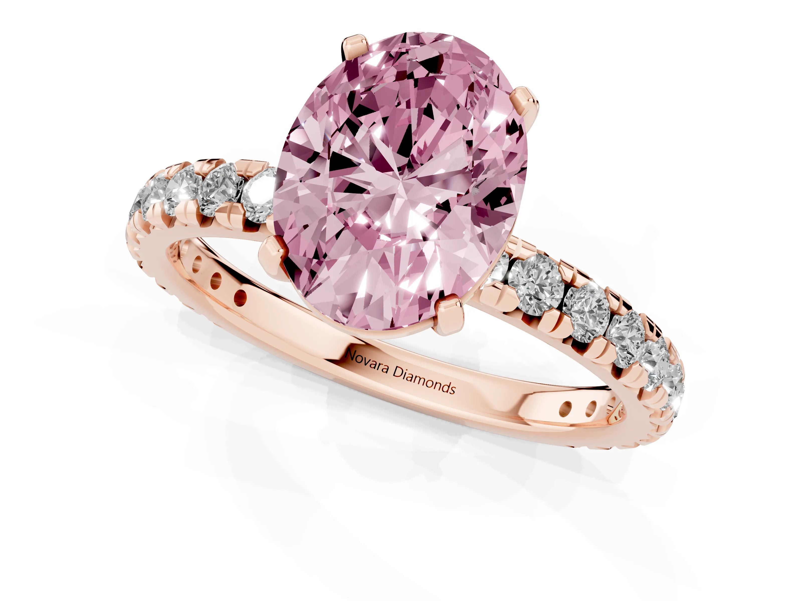 Fancy Pink Oval Cut Diamond Pavé Solitaire Ring Set in Rose gold with Round Band and Prong Setting