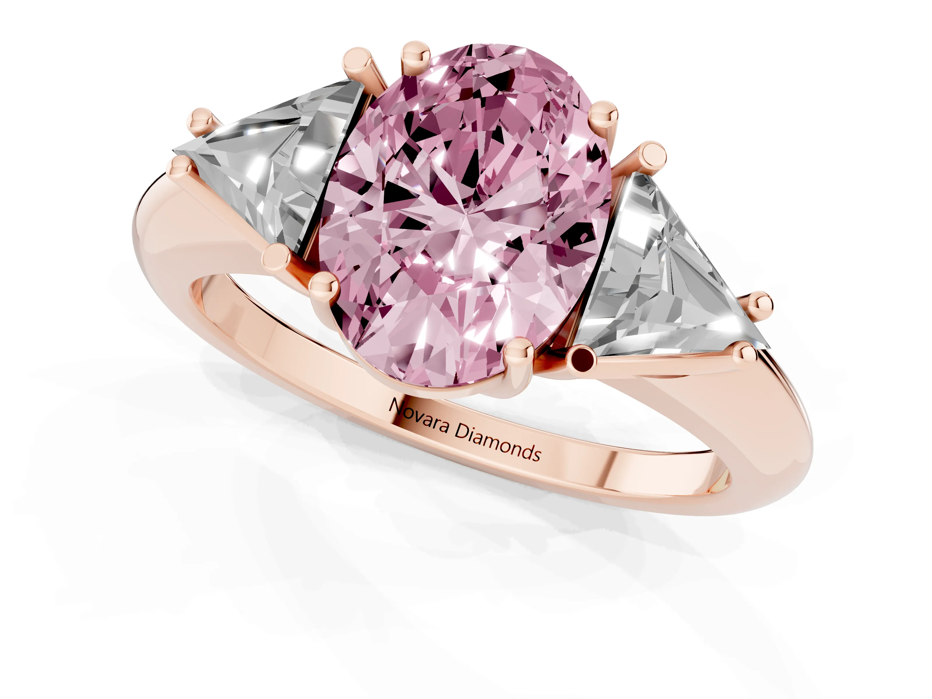 Fancy Pink Oval Cut Diamond Three-Stone Engagement Ring Set in Rose gold with Trillion Side Stones
