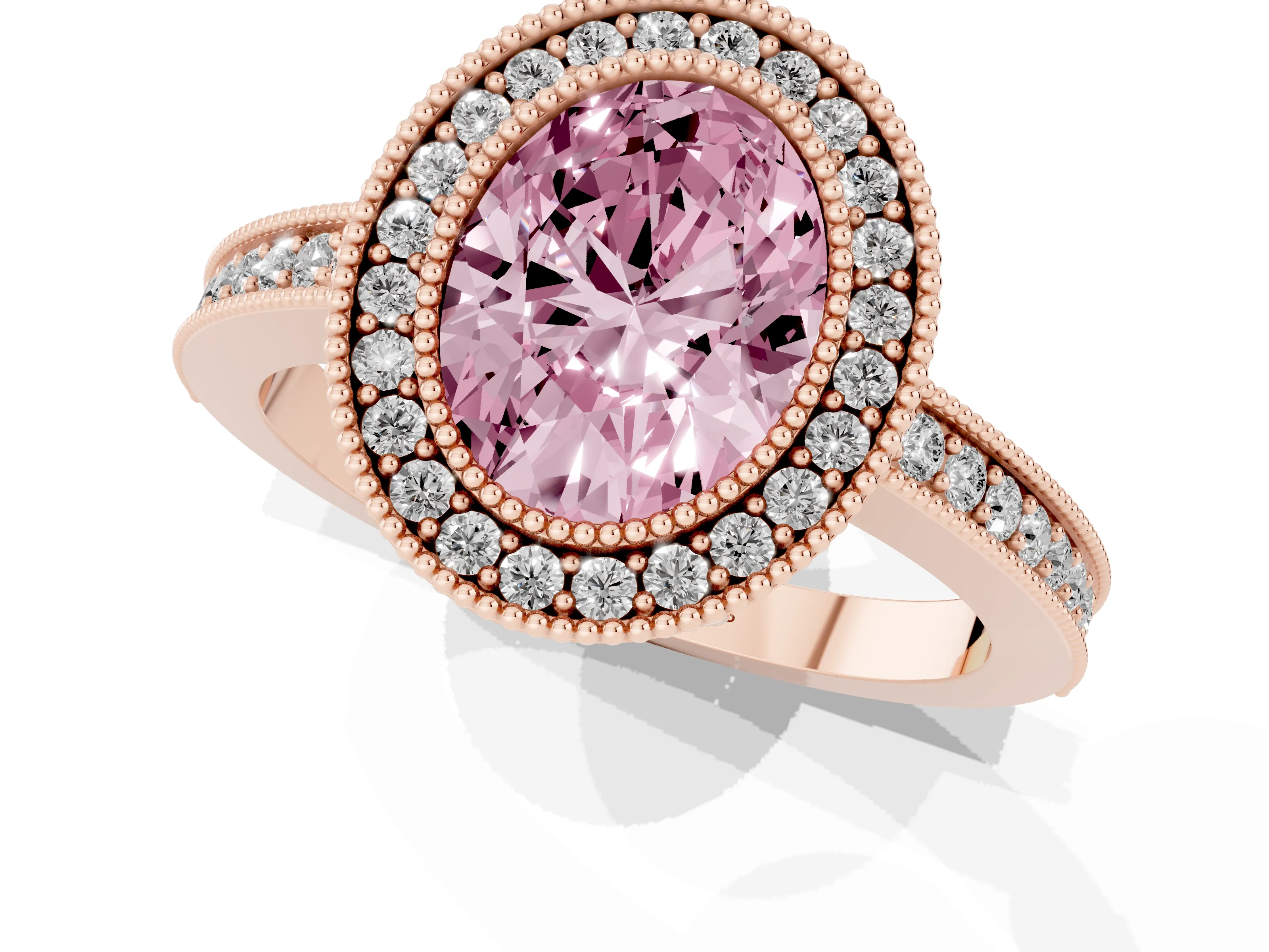 Fancy Pink Oval Cut Diamond Round Halo Ring Set in Rose gold with Pavé Band