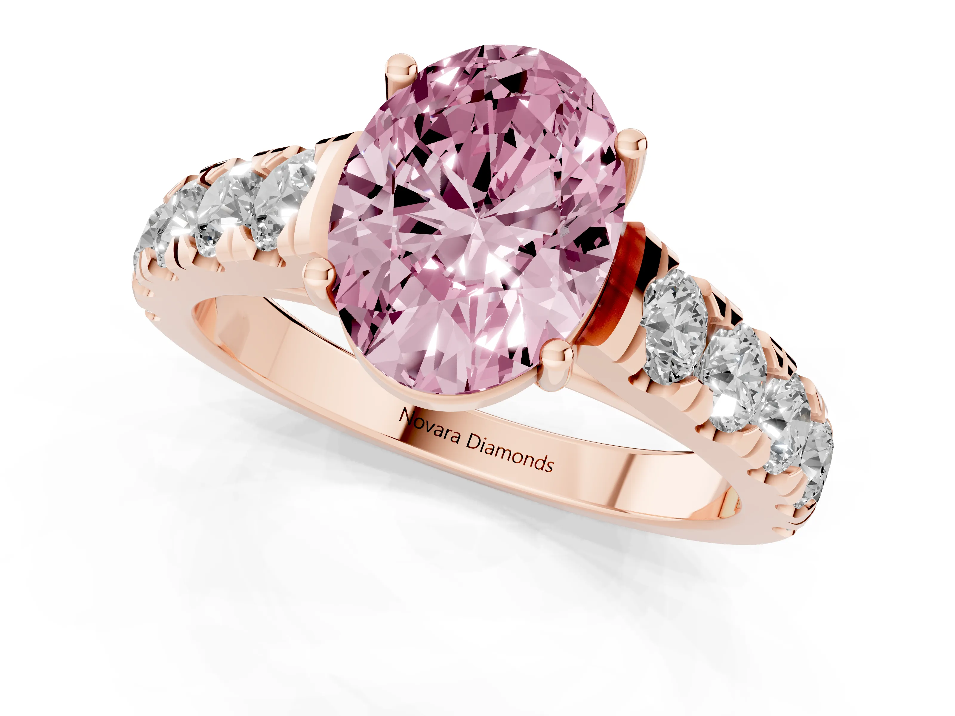 Fancy Pink Oval Cut Diamond Solitaire Ring Set in Rose gold with Cut-Down Micro Pavé Band and Prong Setting