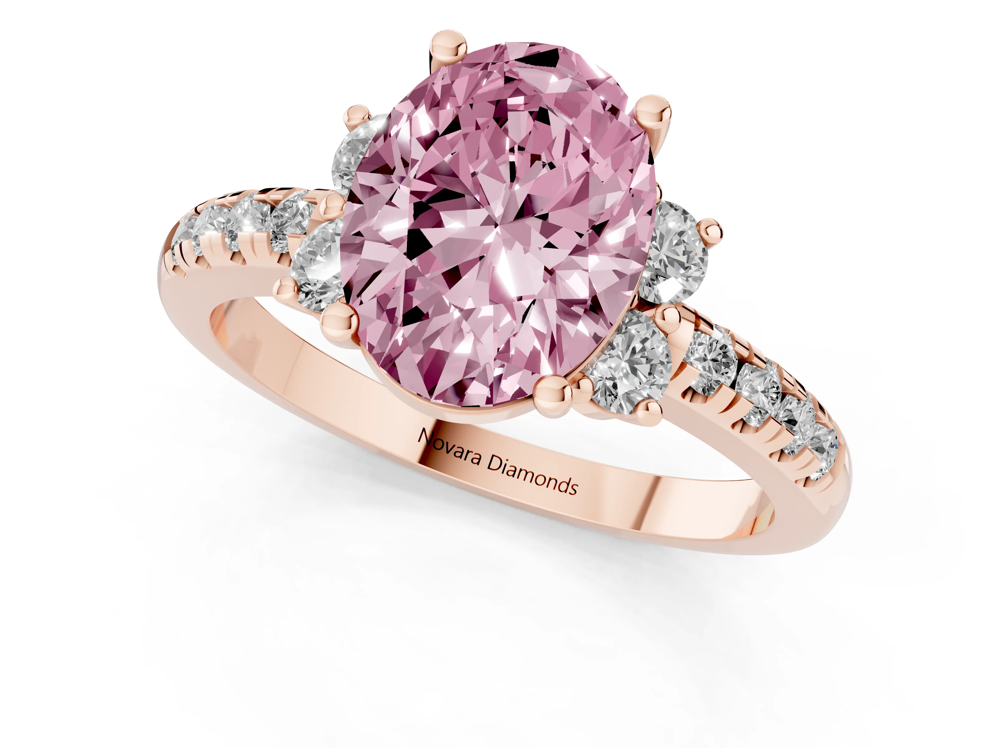 Fancy Pink Oval Cut Diamond Three-Stone Pavé Ring Set in Rose gold with Prong Setting
