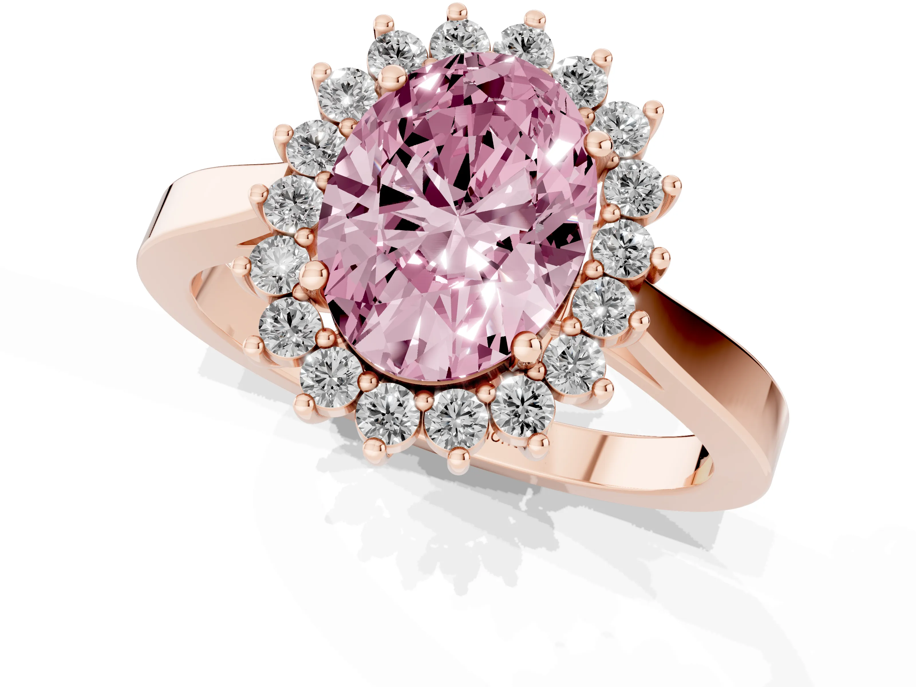 Fancy Pink Oval Cut Diamond Halo Ring Set in Rose gold with Round Halo and Smooth Solitaire Band