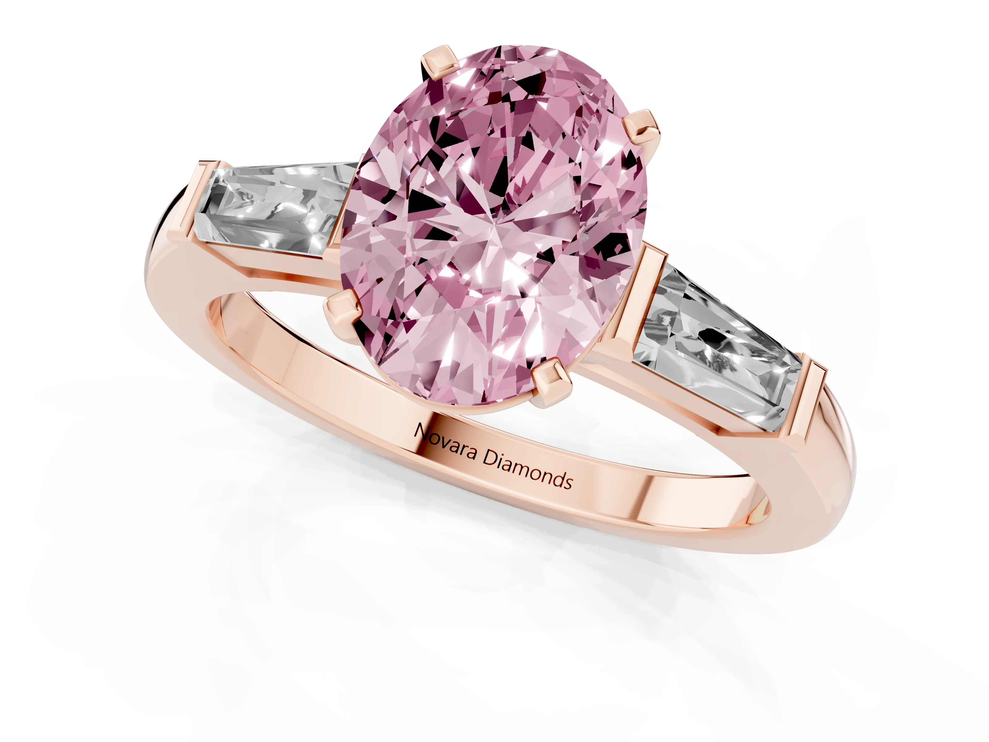 Fancy Pink Oval Cut Diamond Solitaire Ring Set in Rose gold with Tapered Baguette Side Stones and Prong Setting
