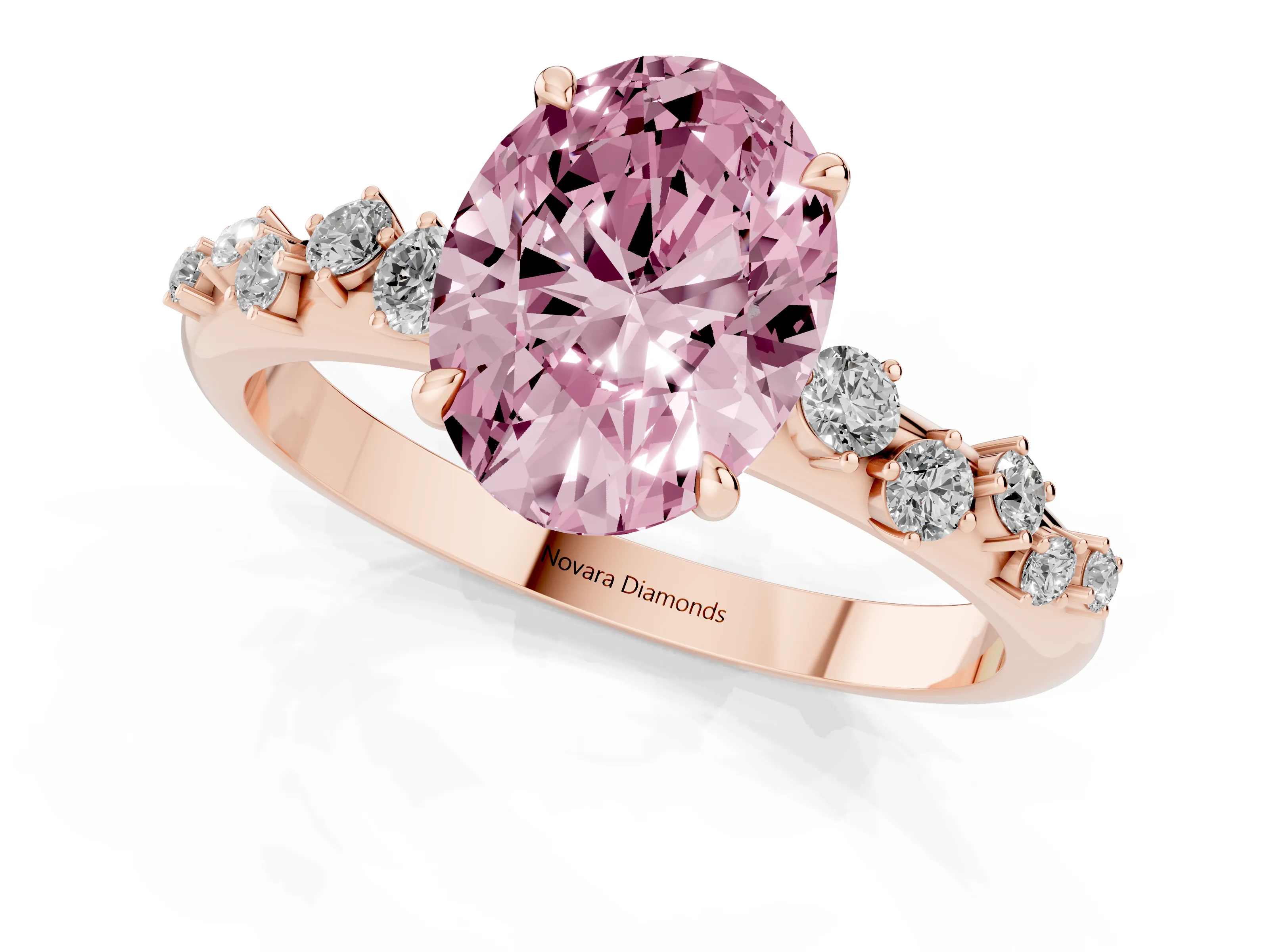 Fancy Pink Oval Cut Diamond Cluster Solitaire Ring Set in Rose gold with Prong Setting