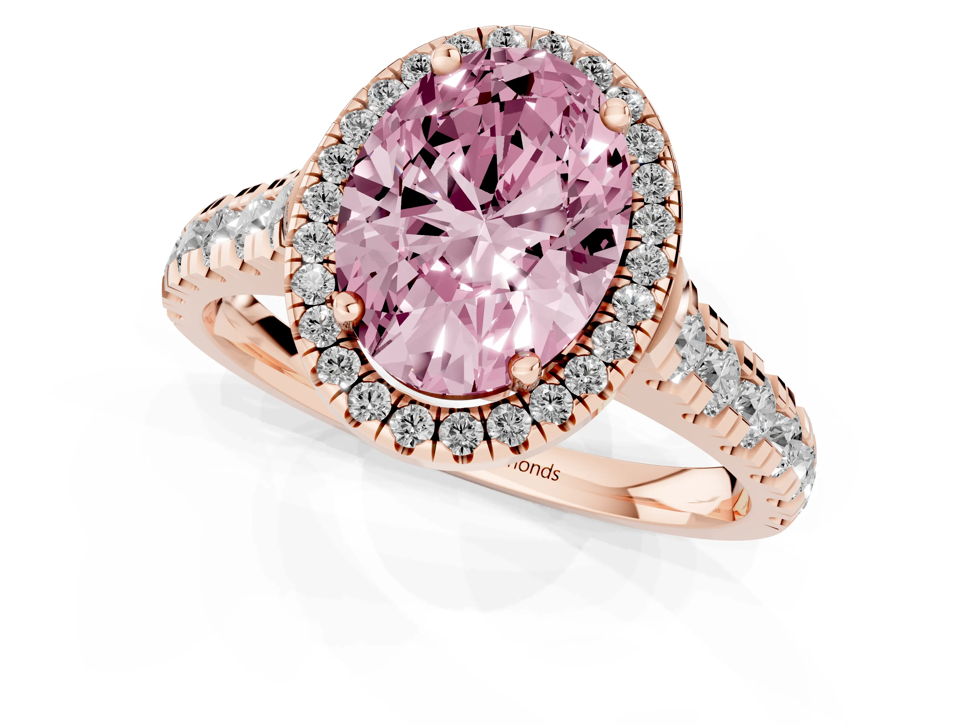 Fancy Pink Oval Cut Diamond Halo Engagement Ring Set in Rose gold with Pavé Band and Prong-Set Center