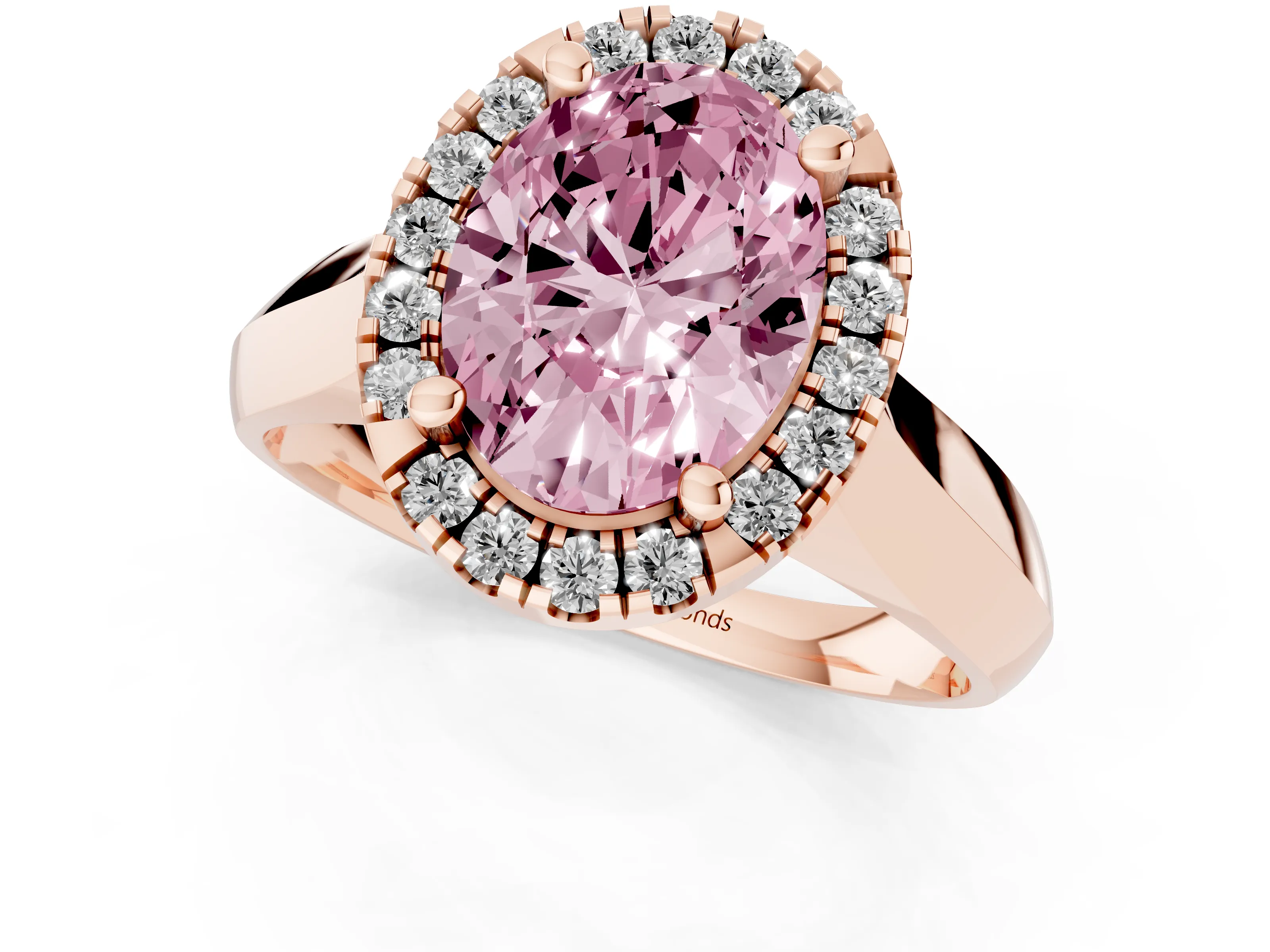 Fancy Pink Oval Cut Diamond Halo Solitaire Engagement Ring Set in Rose gold with Square Band and Prong Setting