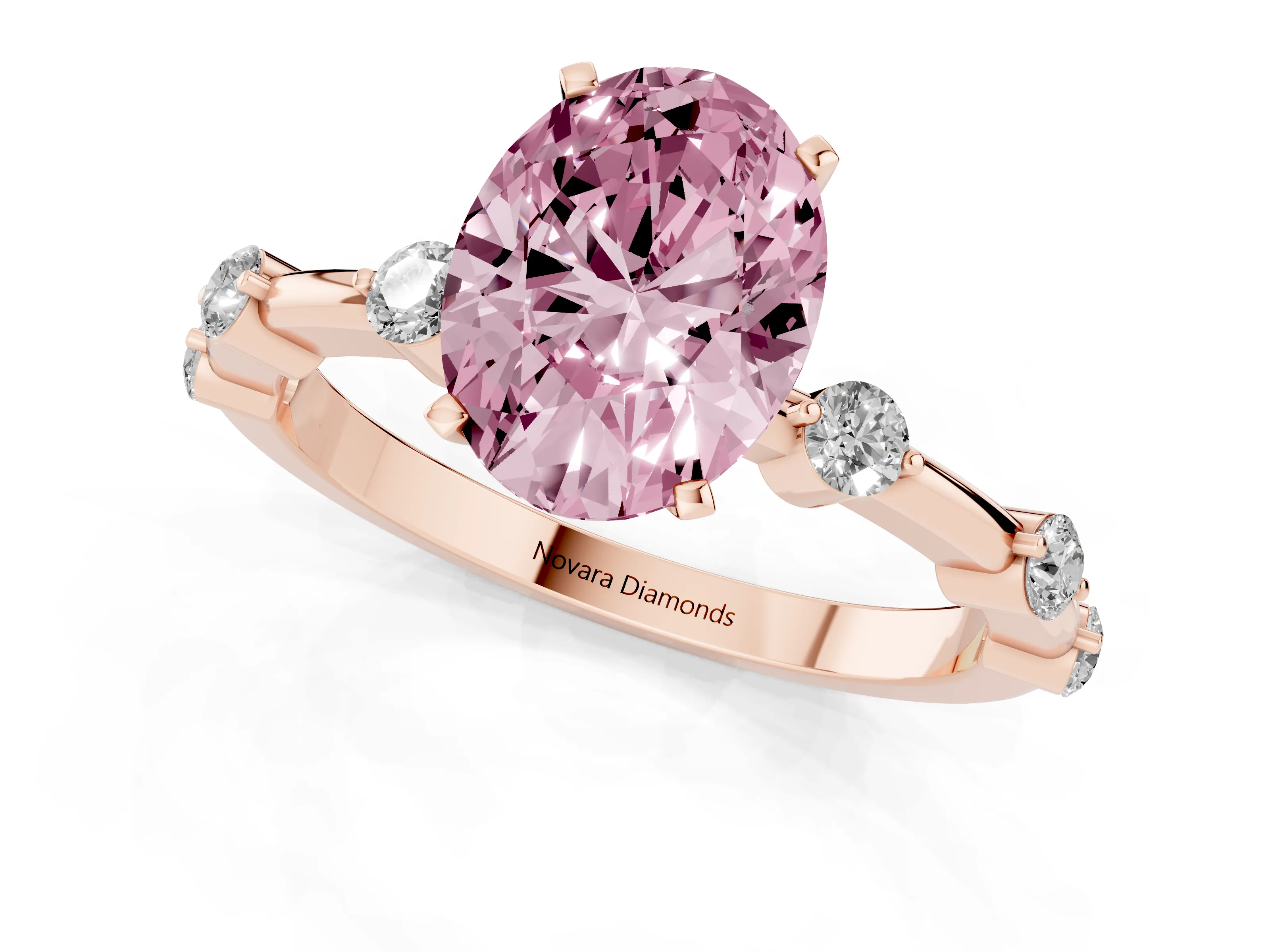Fancy Pink Oval Cut Diamond Solitaire Ring Set in Rose gold with Bezel Set Side Stones and Prong Setting