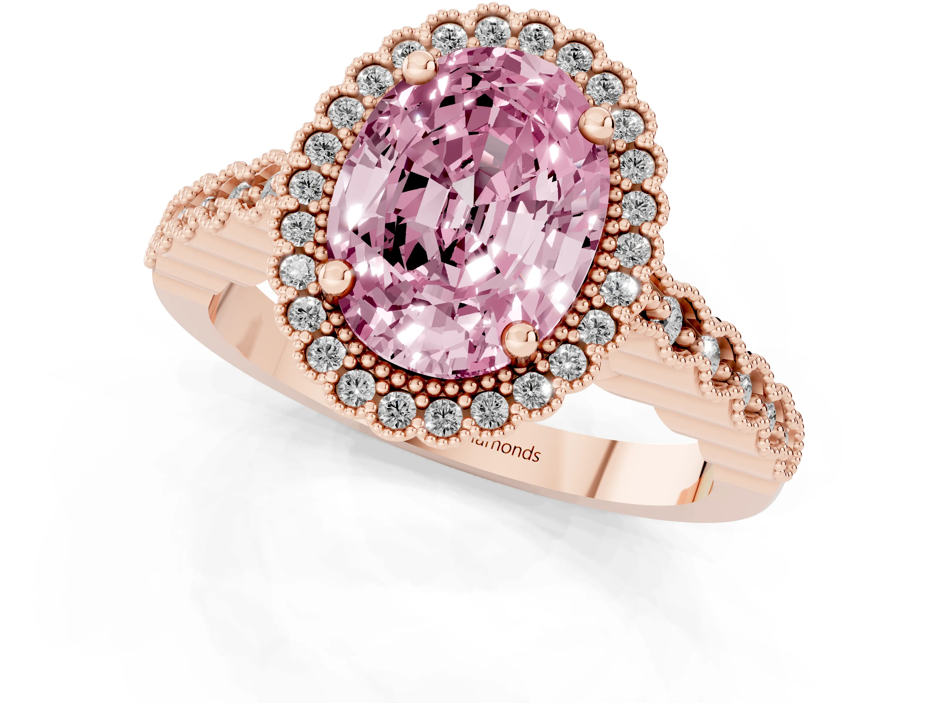 Fancy Pink Oval Cut Diamond Halo Ring Set in Rose gold with Pavé Milgrain Band