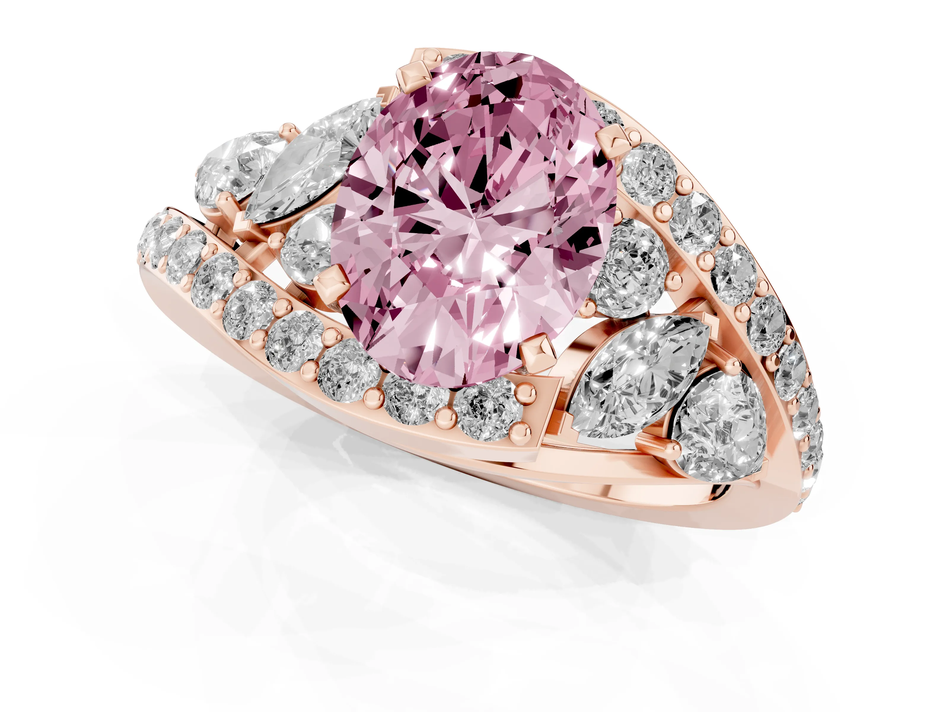 Fancy Pink Oval Cut Diamond Halo Ring Set in Rose gold with Marquise and Pavé Band in Prong Setting