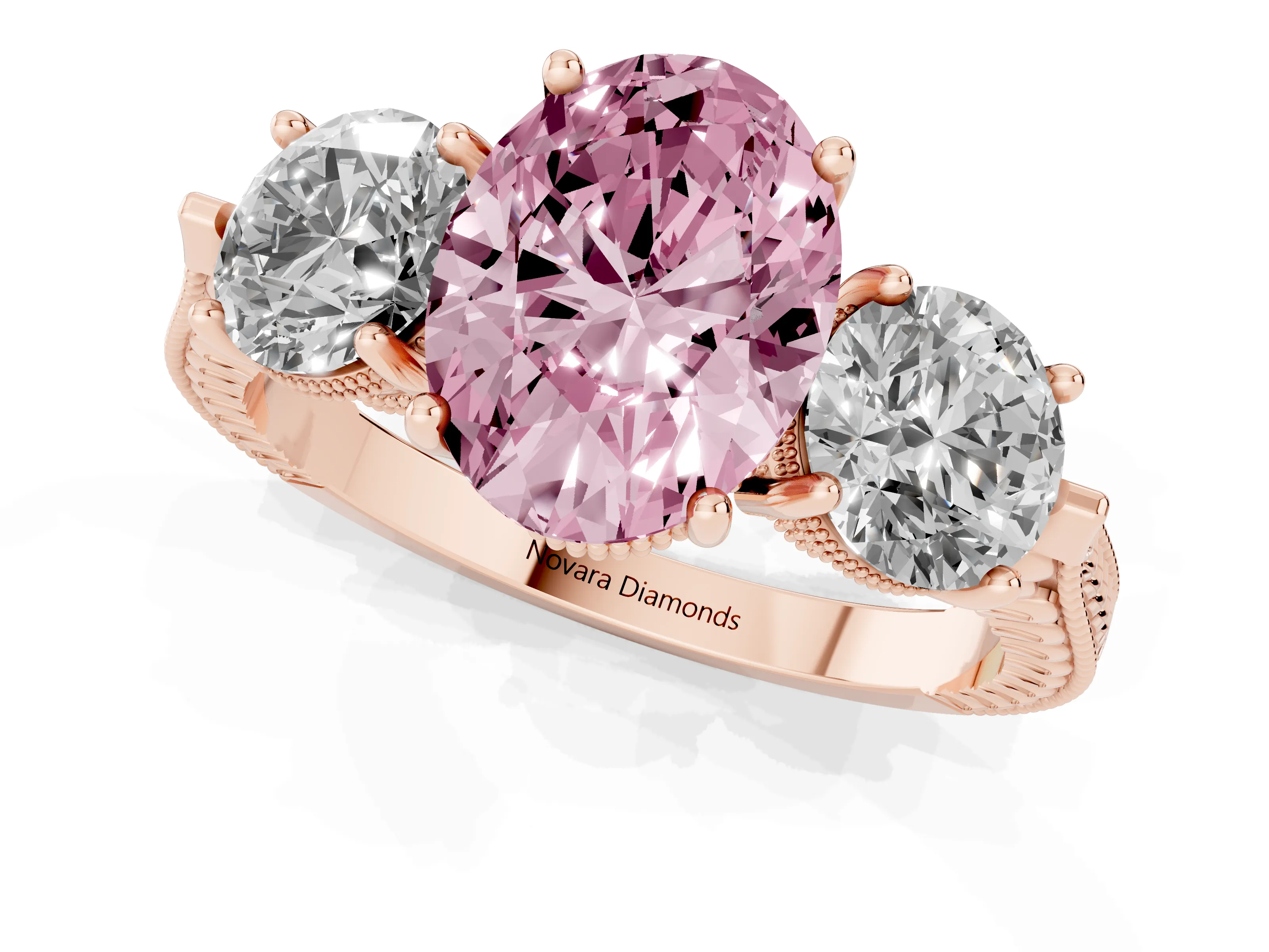 Fancy Pink Oval Cut Diamond Three-Stone Ring Set in Rose gold with Milgrain Band