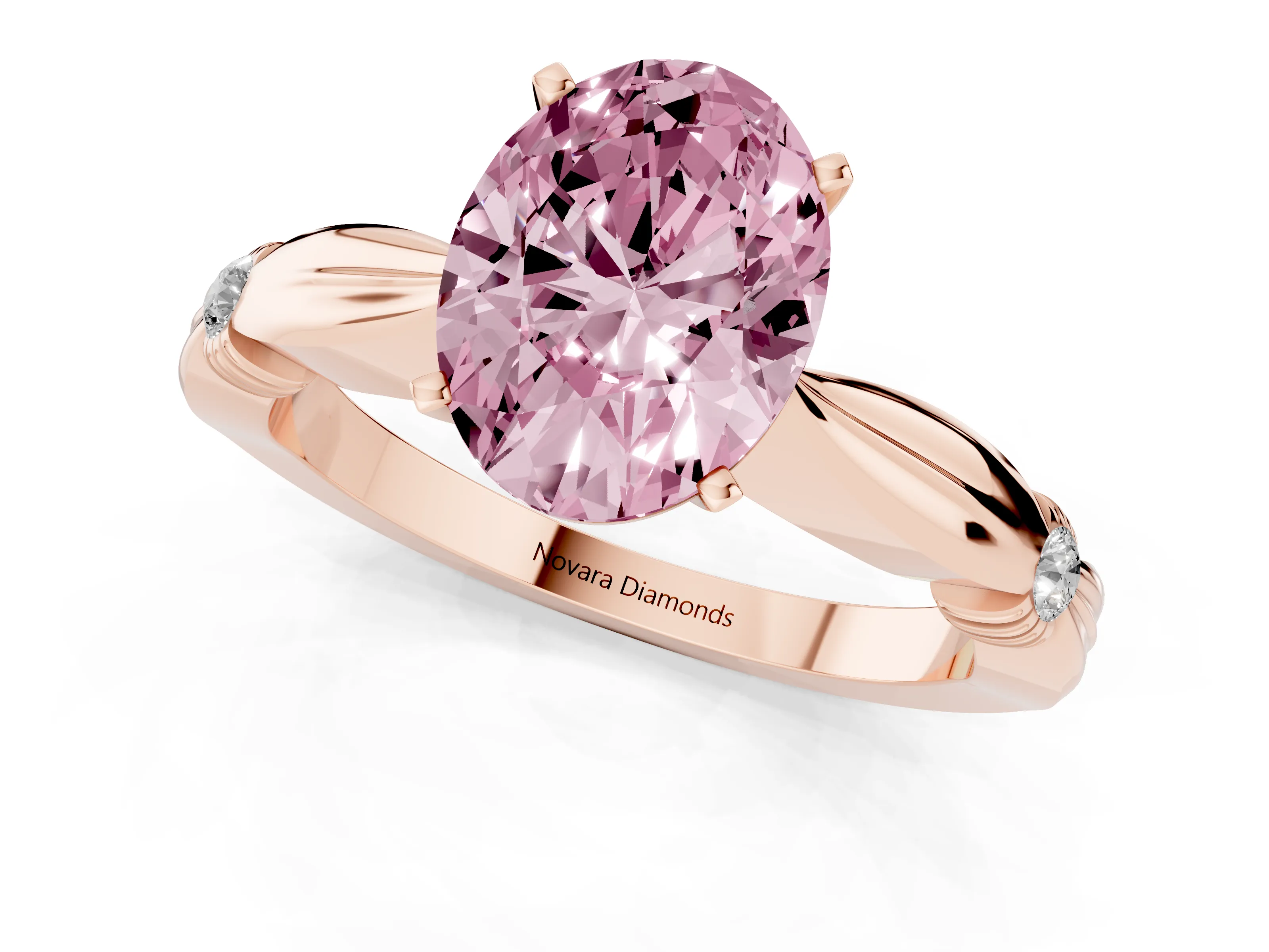 Fancy Pink Oval Cut Diamond Solitaire Twisted Band Ring Set in Rose gold with Accent Stones and Prong Setting – second view