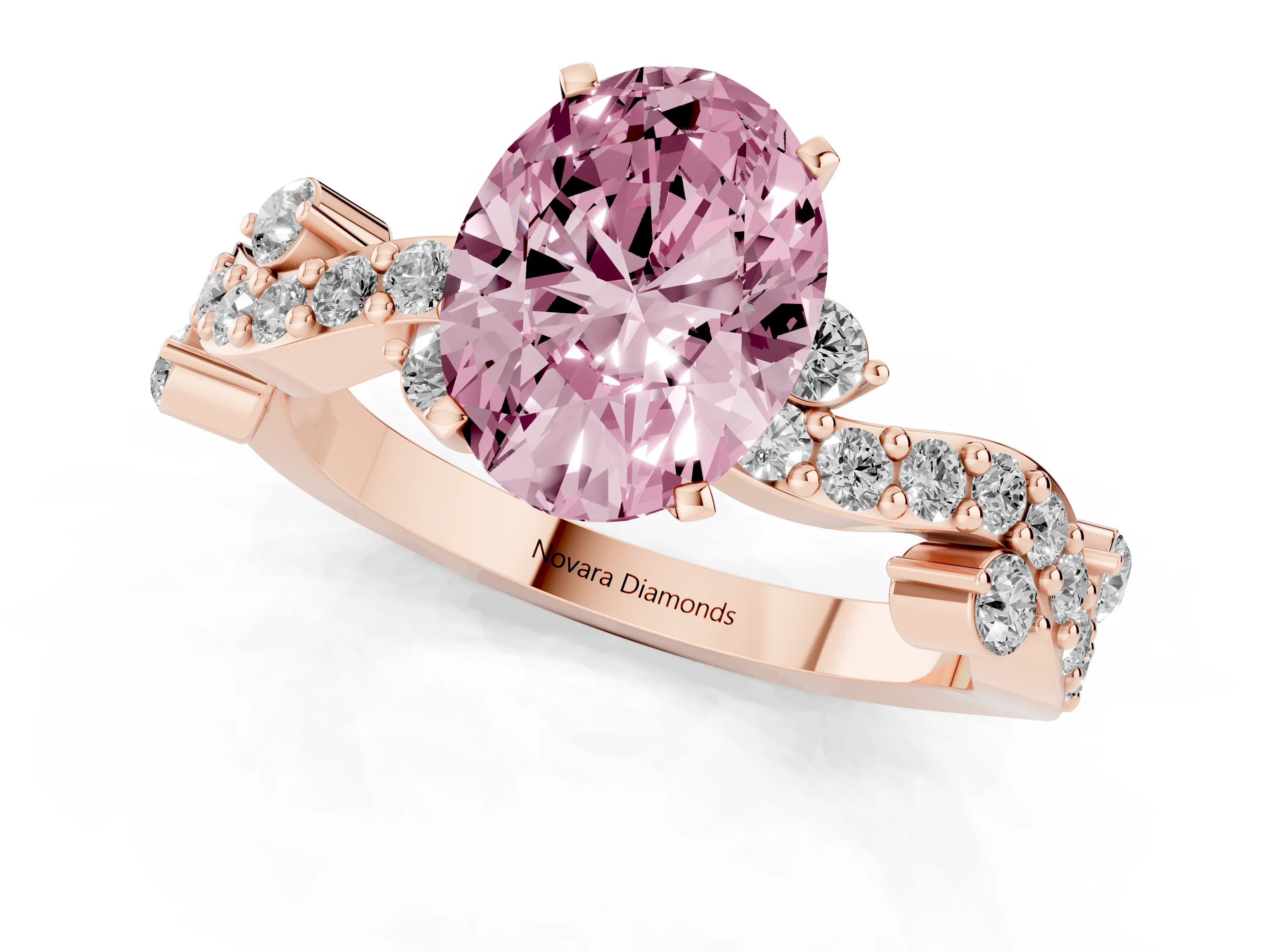 Fancy Pink Oval Cut Diamond Solitaire Twisted Band Set in Rose gold with Pavé Setting