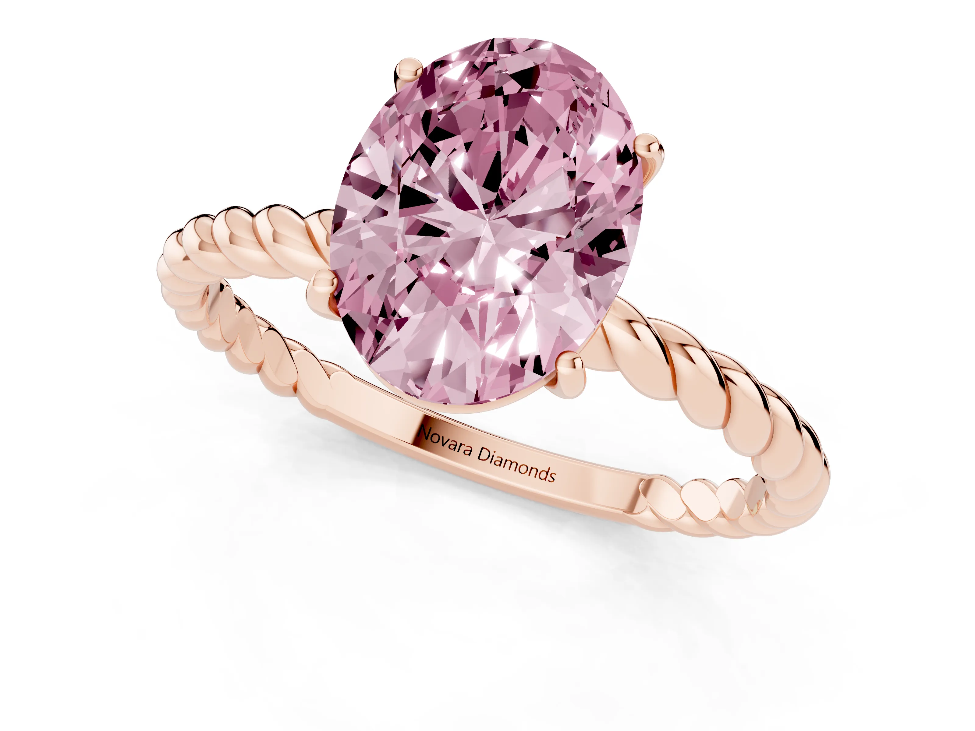 Fancy Pink Oval Cut Diamond Solitaire Twisted Band Ring Set in Rose gold with Prong Solitaire Setting