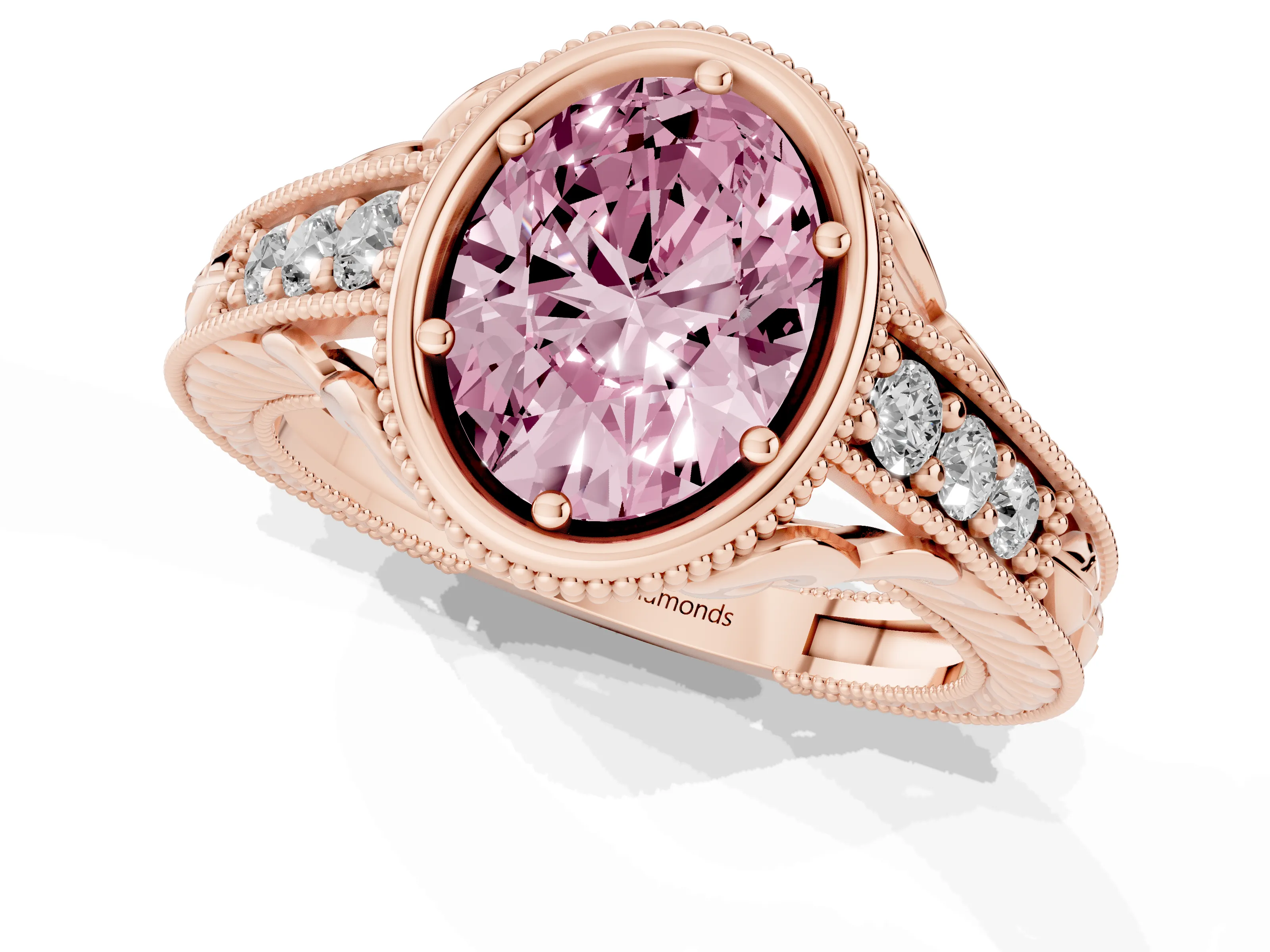 Fancy Pink Bezel Set Oval Cut Diamond Milgrain Pavé Engagement Ring Set in Rose gold