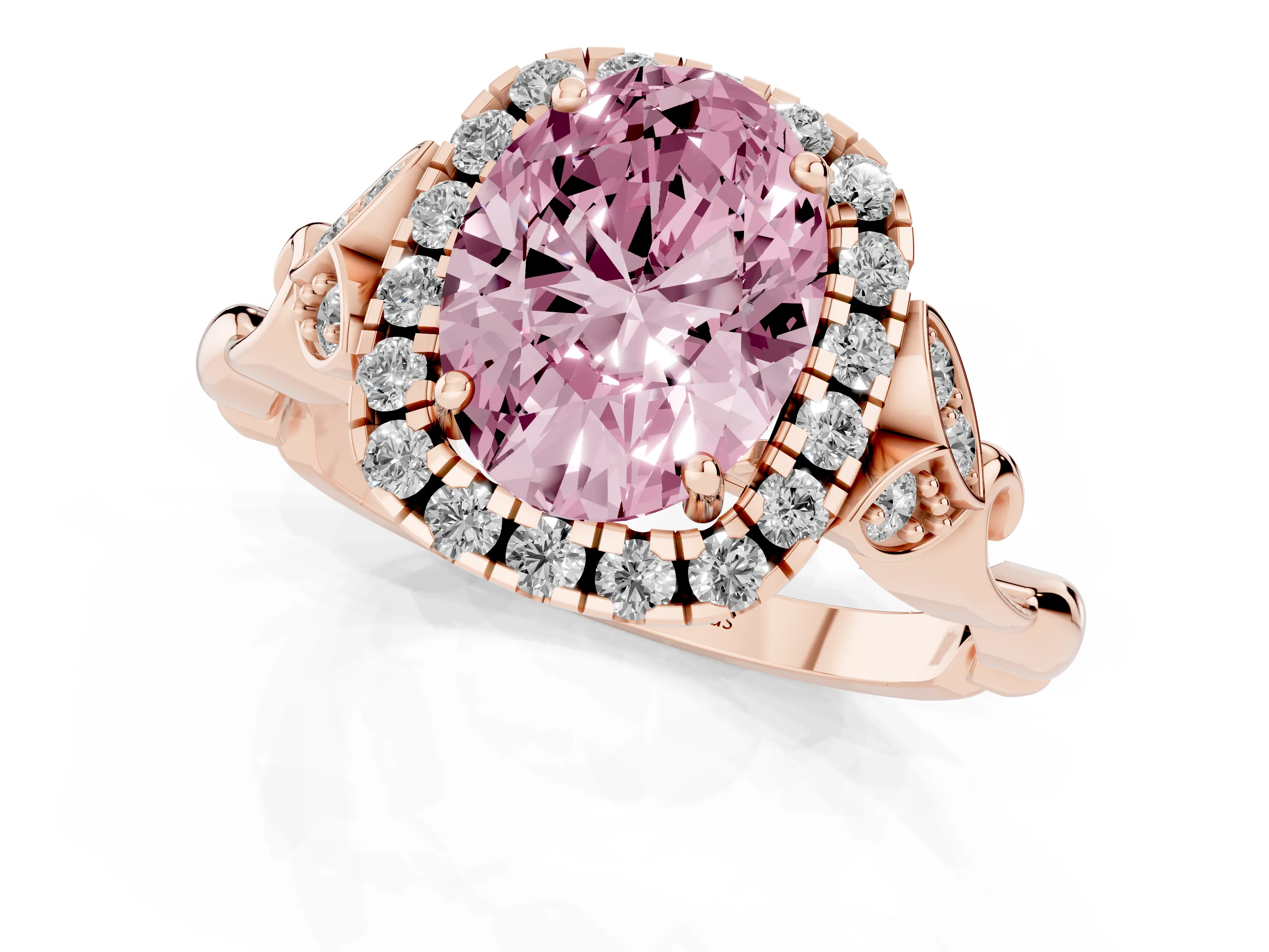 Fancy Pink Oval Cut Diamond Halo Engagement Ring Set in Rose gold with Vintage-Inspired Band and Prong Setting