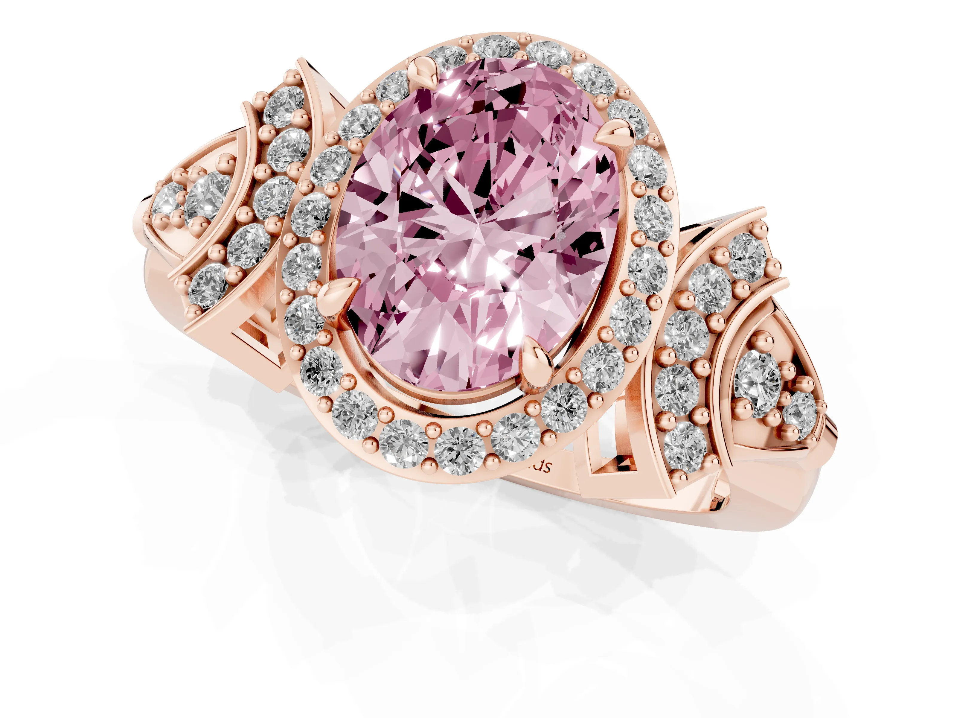 Fancy Pink Oval Cut Diamond Halo Engagement Ring Set in Rose gold with Accent Stone Split Shank
