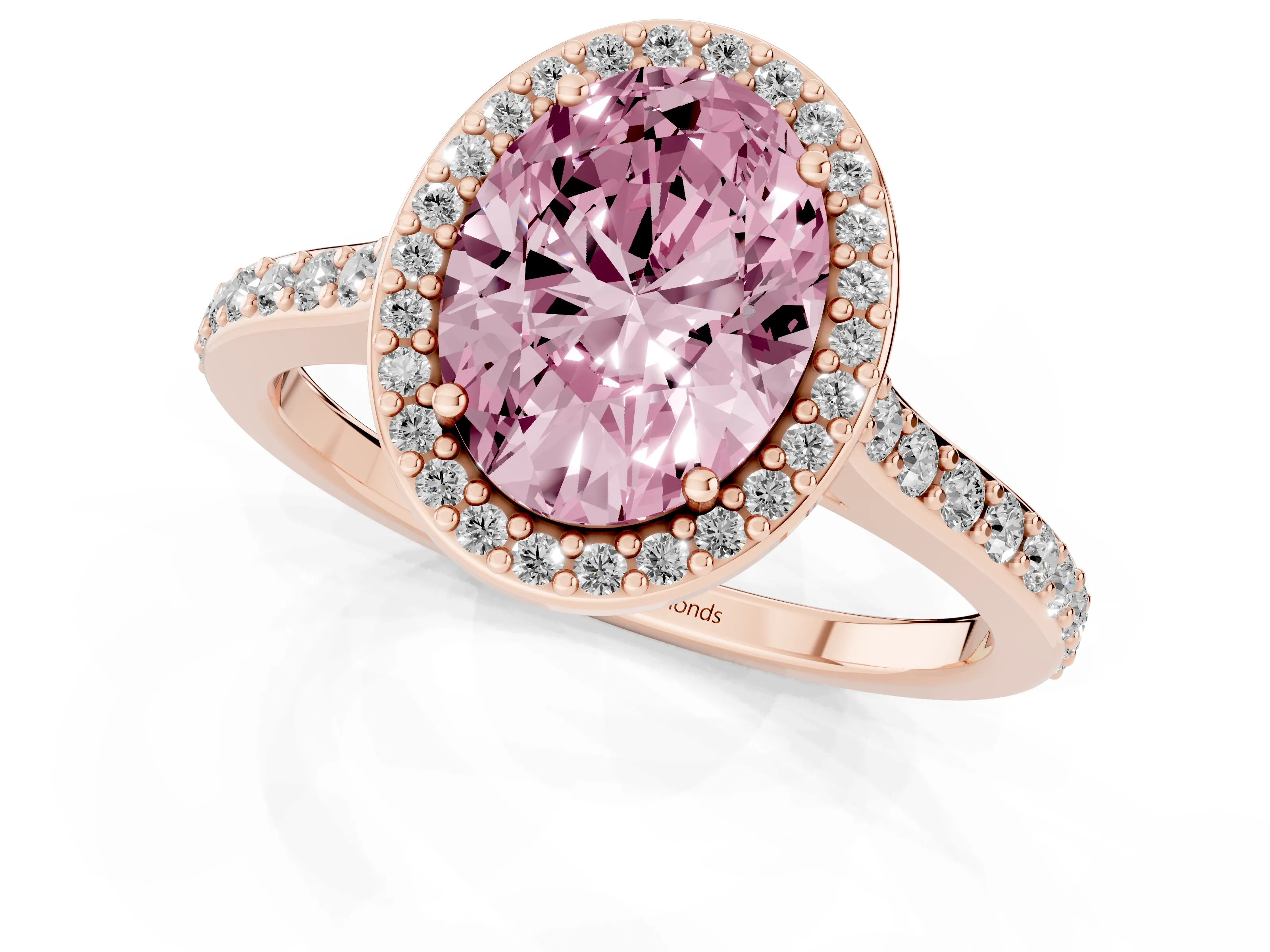 Fancy Pink Oval Cut Diamond Halo Engagement Ring Set in Rose gold with Round Pavé Shoulders and Heart Gallery