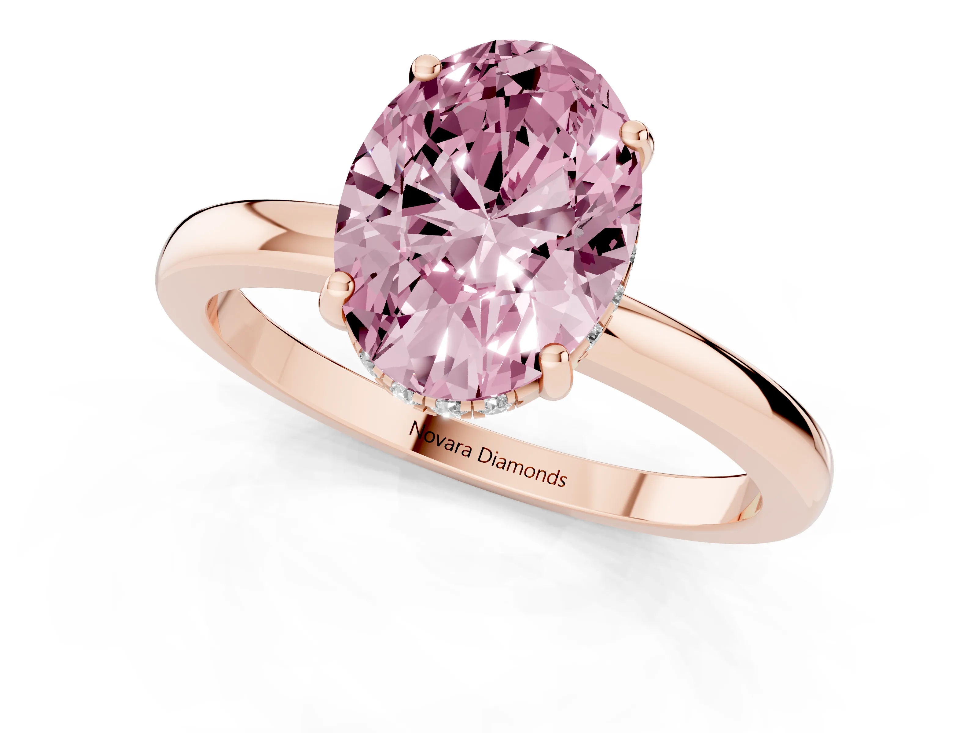Fancy Pink Oval Cut Diamond Solitaire Ring Set in Rose gold with Plain Band and Prong Setting