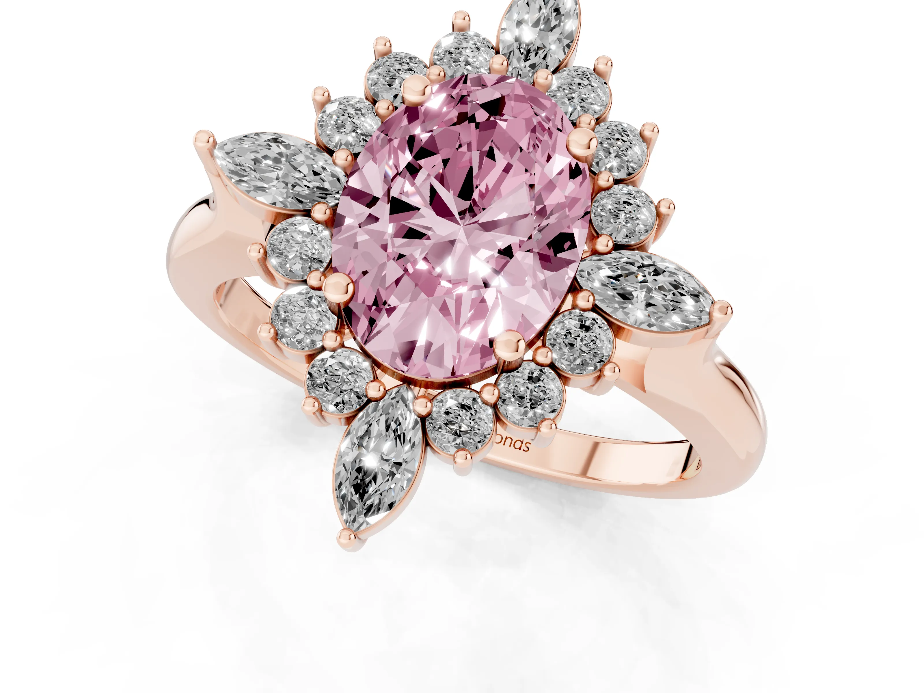 Fancy Pink Oval Cut Diamond Cluster Halo Ring Set in Rose gold with Marquise and Round Accents