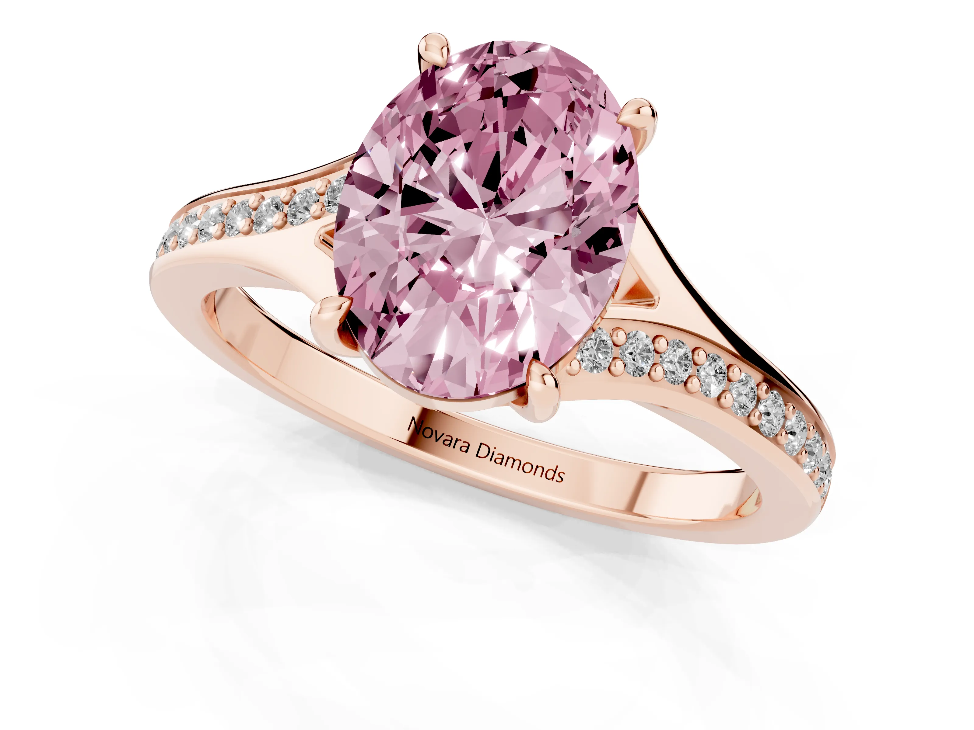 Fancy Pink Oval Cut Diamond Solitaire Ring Set in Rose gold with Pavé Accent Band and Classic Prong Setting