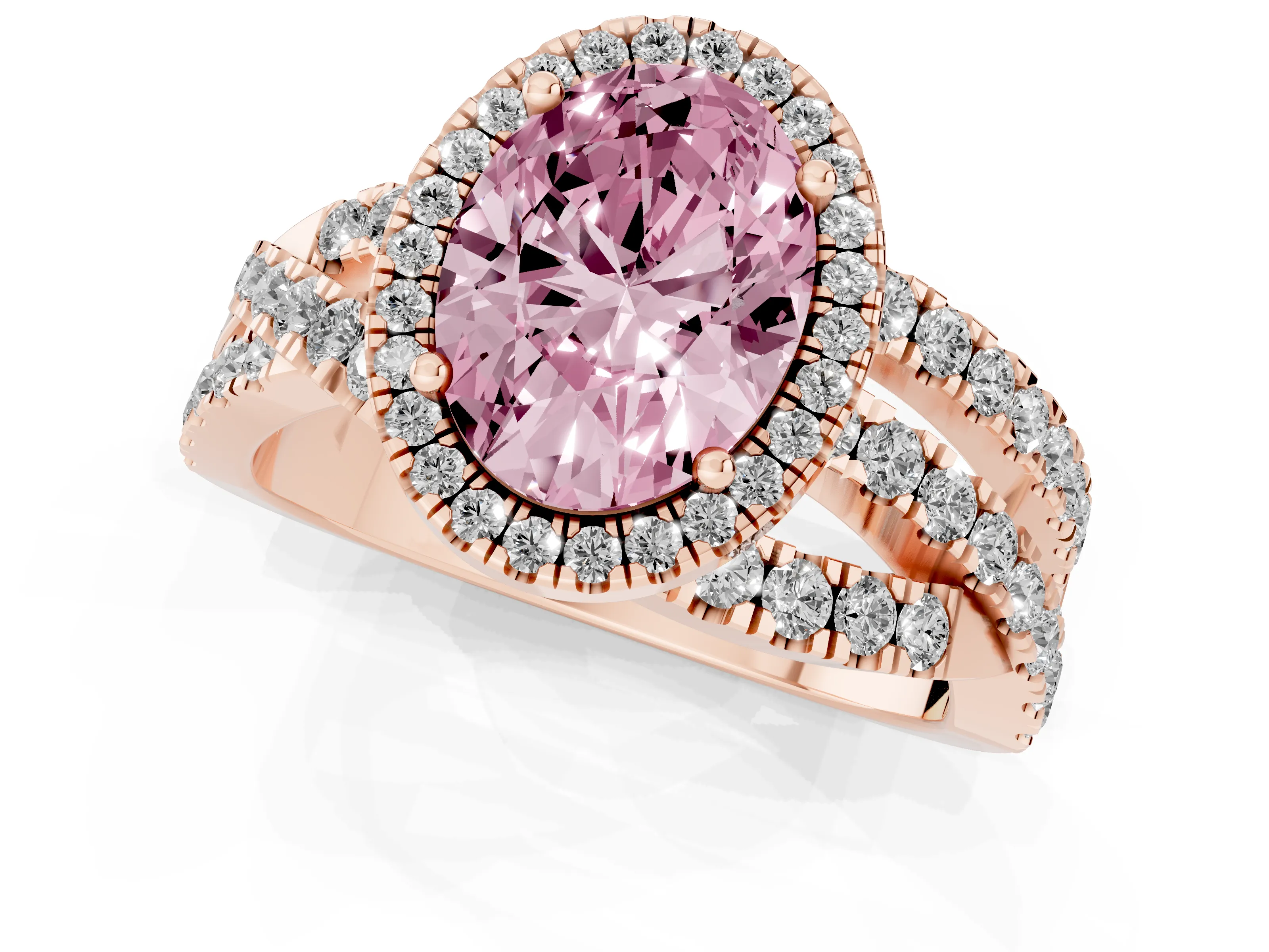 Fancy Pink Oval Cut Diamond Halo Ring Set in Rose gold with Round Crossover Split Shank and Prong Setting