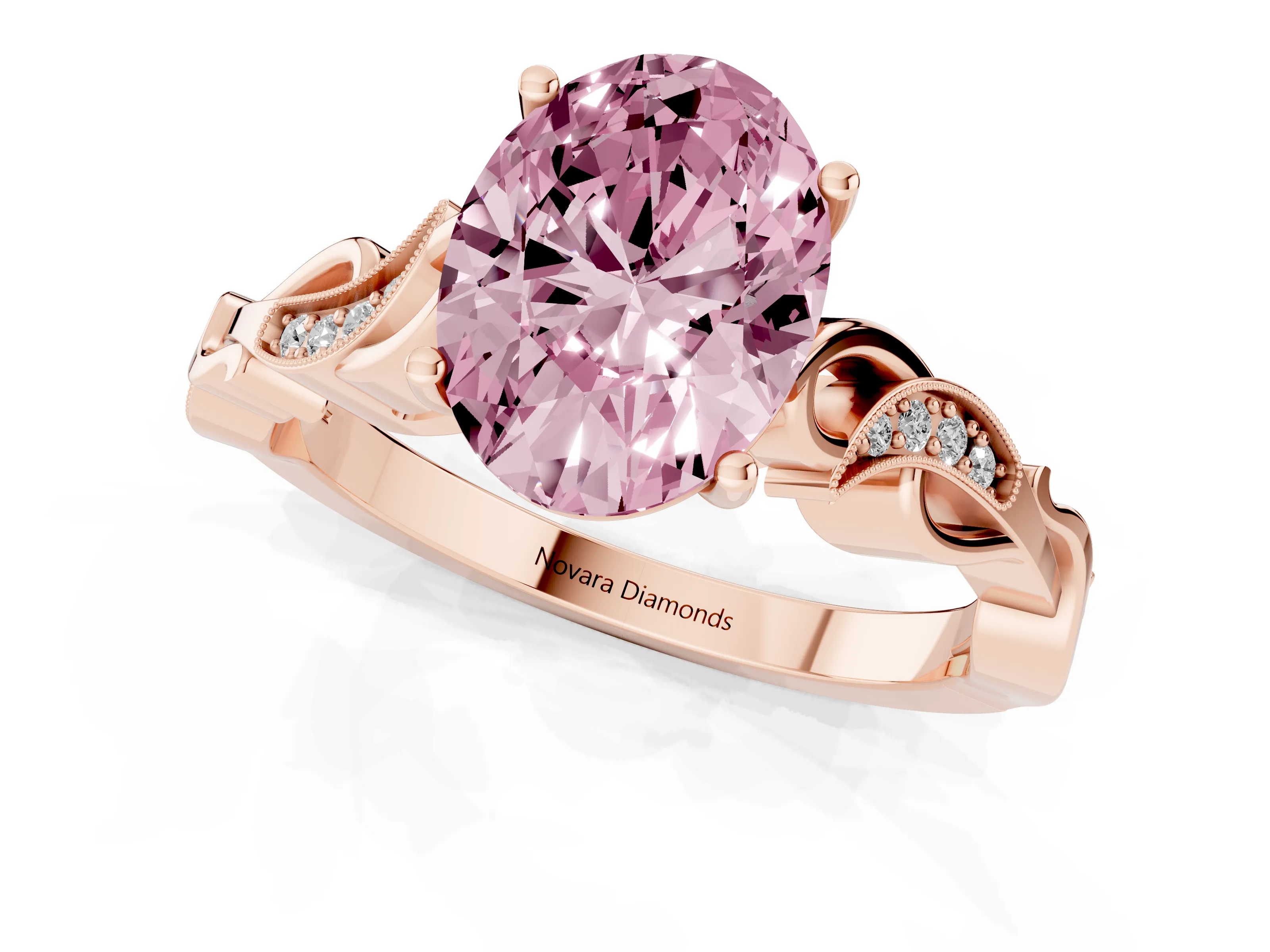 Fancy Pink Oval Cut Diamond Vine Band Solitaire Ring Set in Rose gold with Milgrain Prong Setting