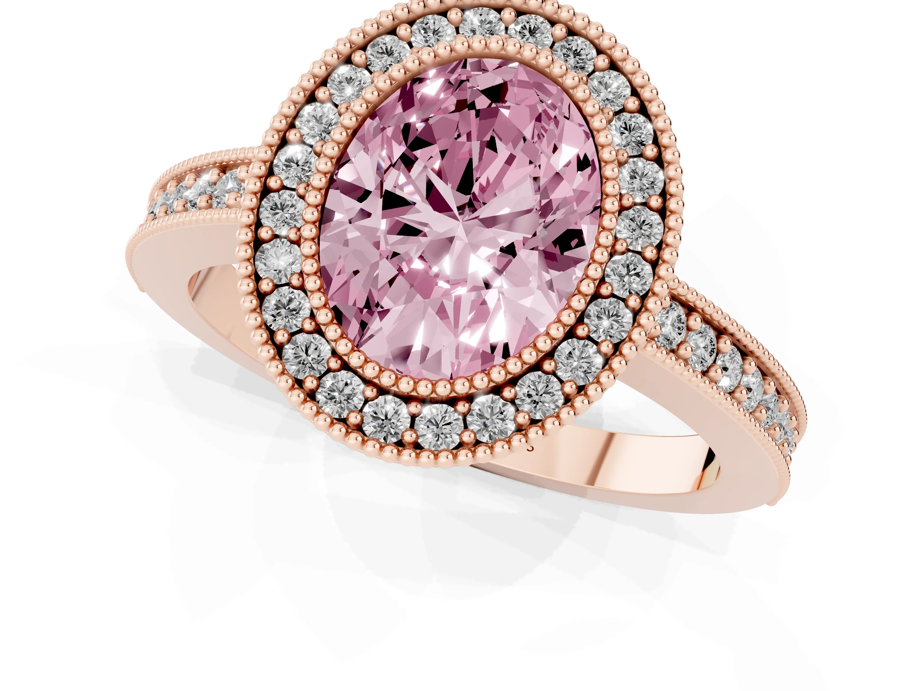 Fancy Pink Oval Cut Diamond Halo Engagement Ring Set in Rose gold with Pavé Band and Round Halo Stones