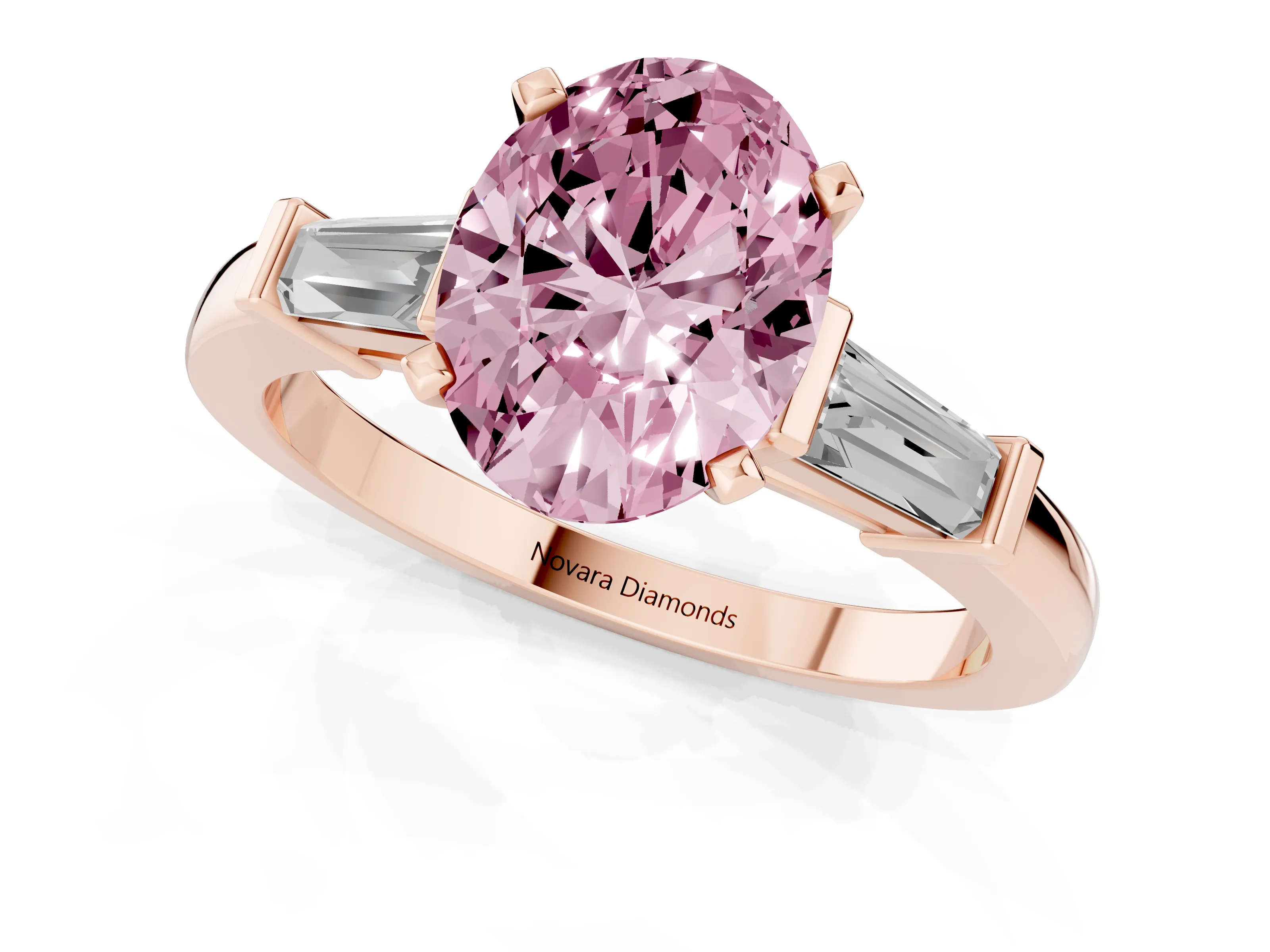 Fancy Pink Oval Cut Diamond Solitaire Ring Set in Rose gold with Tapered Baguette Accents and Prong Setting