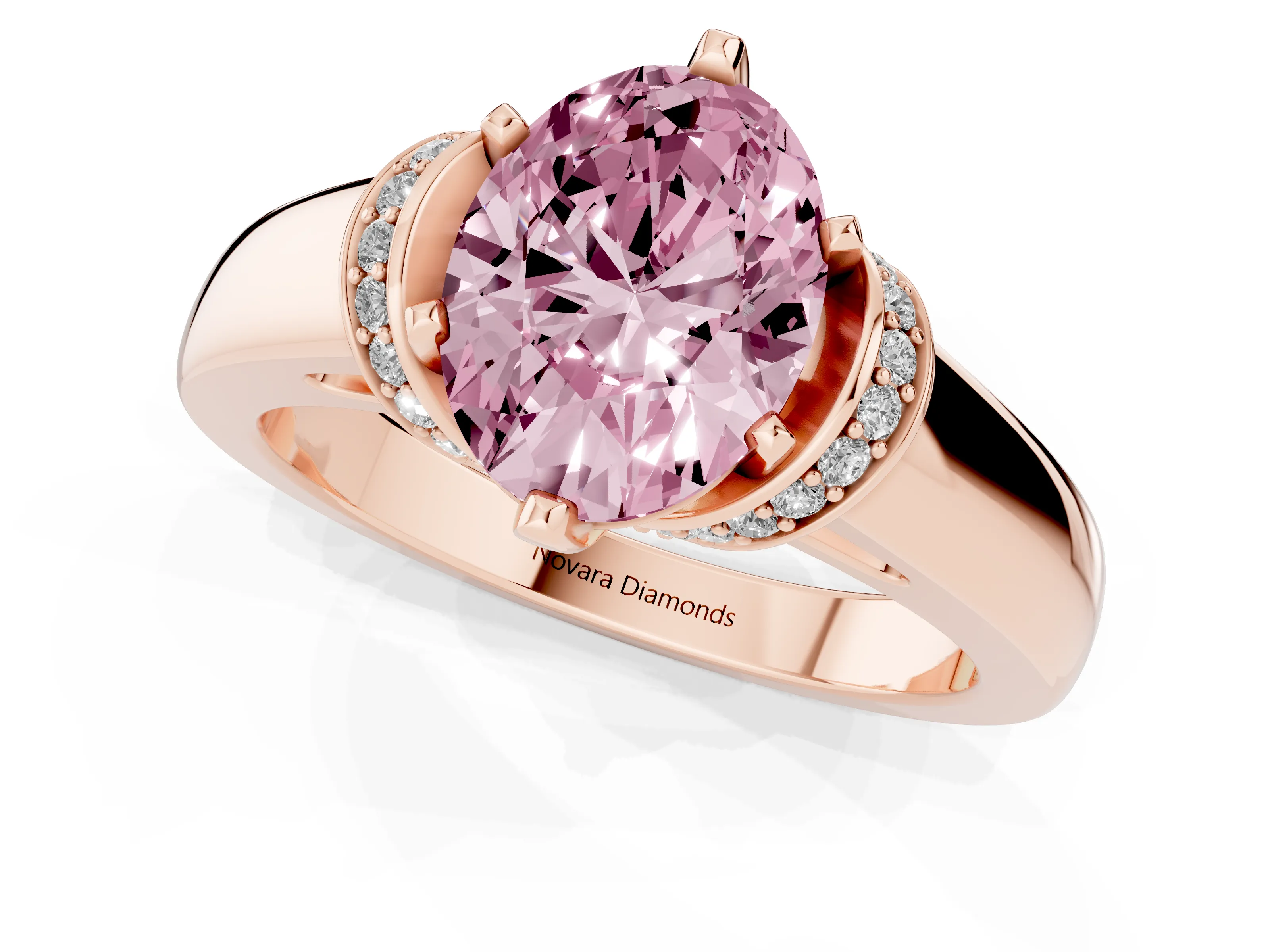 Fancy Pink Oval Cut Diamond Pavé Band Solitaire Ring Set in Rose gold with Prong Setting