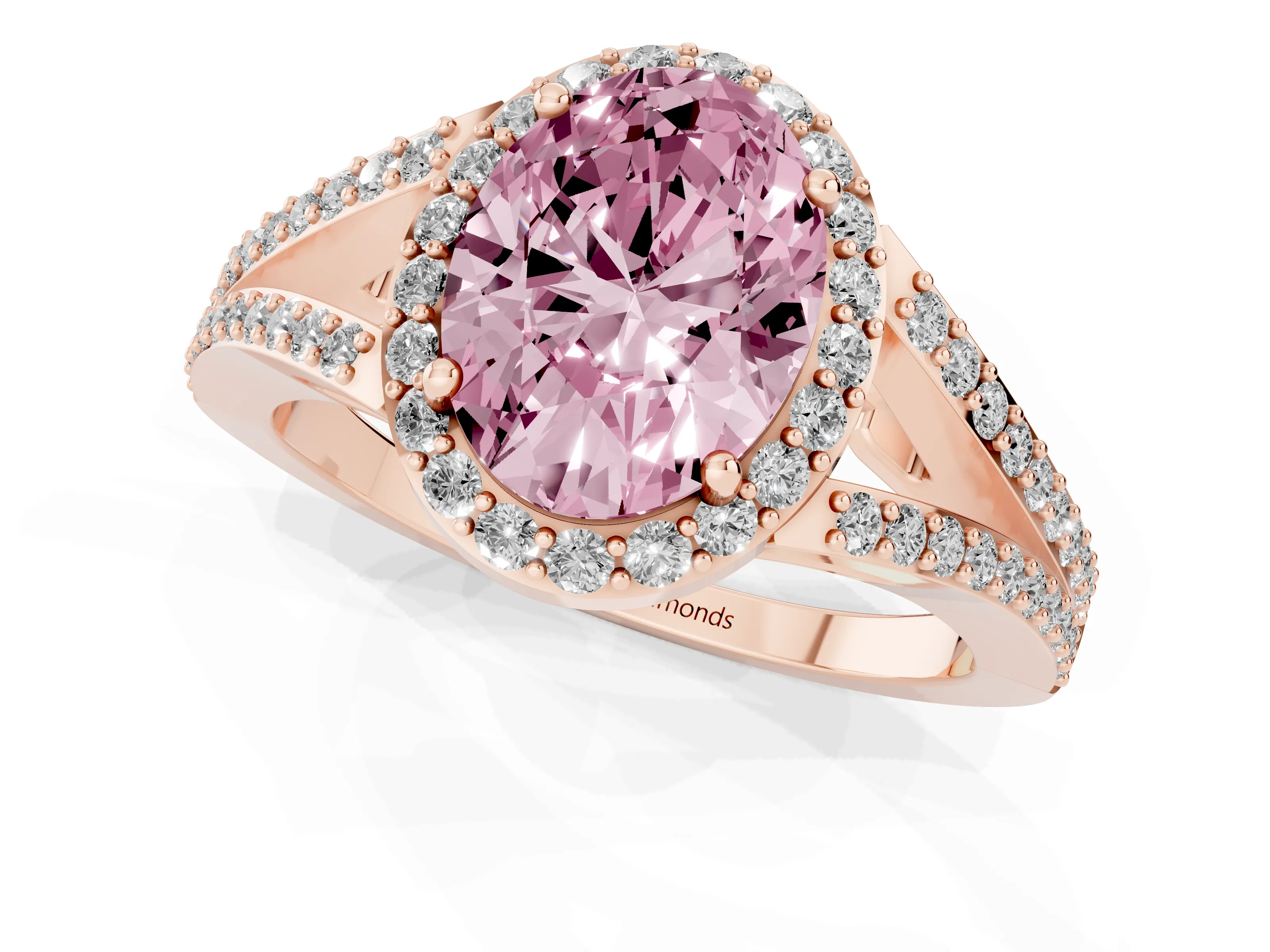 Fancy Pink Oval Cut Diamond Halo Split Shank Ring Set in Rose gold with Accent Stones and Prong Setting