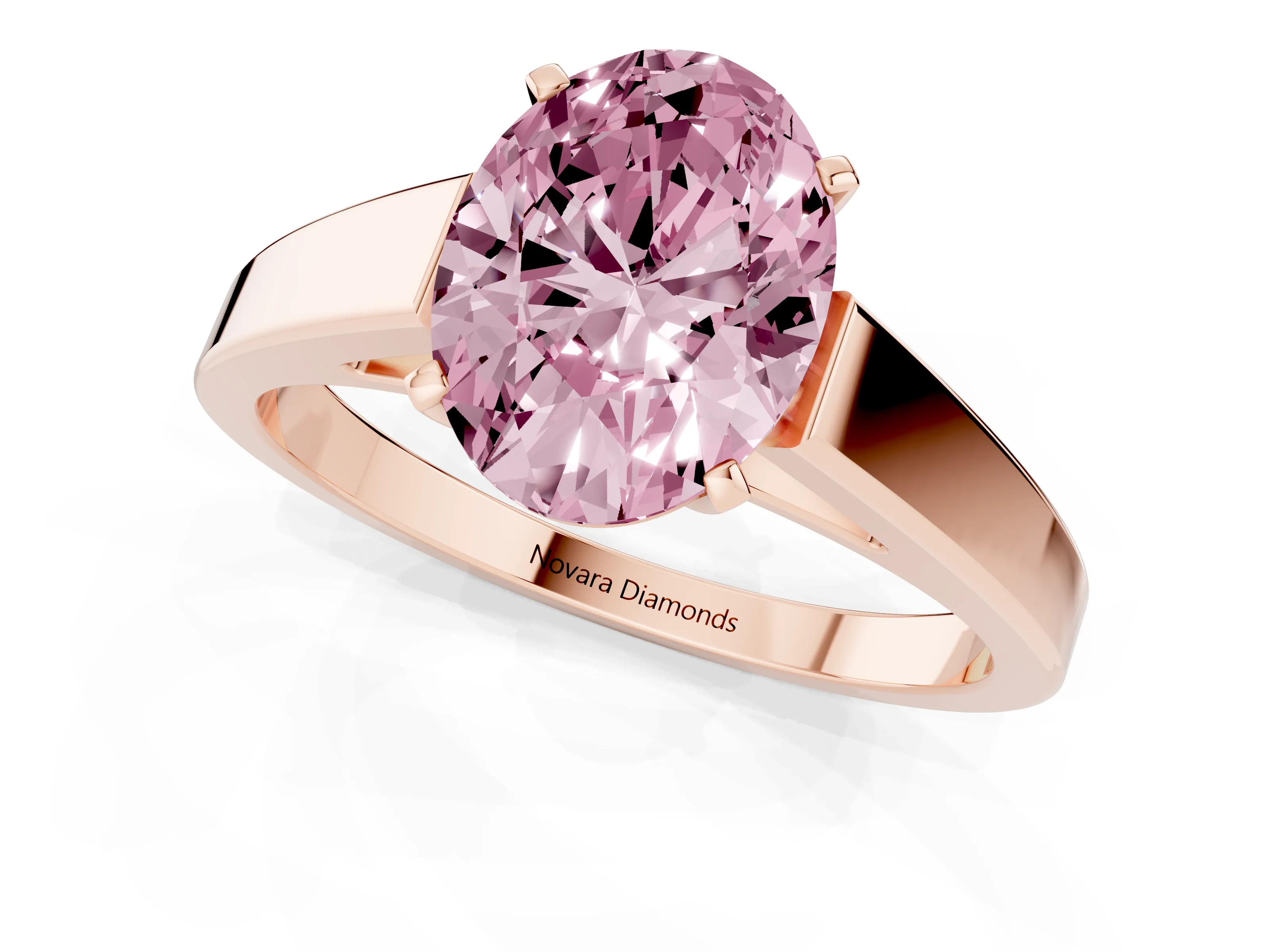Fancy Pink Oval Cut Diamond Solitaire Engagement Ring Set in Rose gold with Prong Setting and Tapered Band